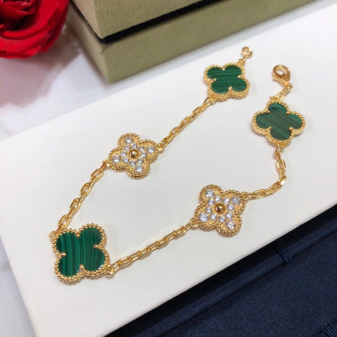 VCA Diamond and Malachite Vintage Alhambra Bracelet in Gol-tone, 5 Motifs - Original Replica Club