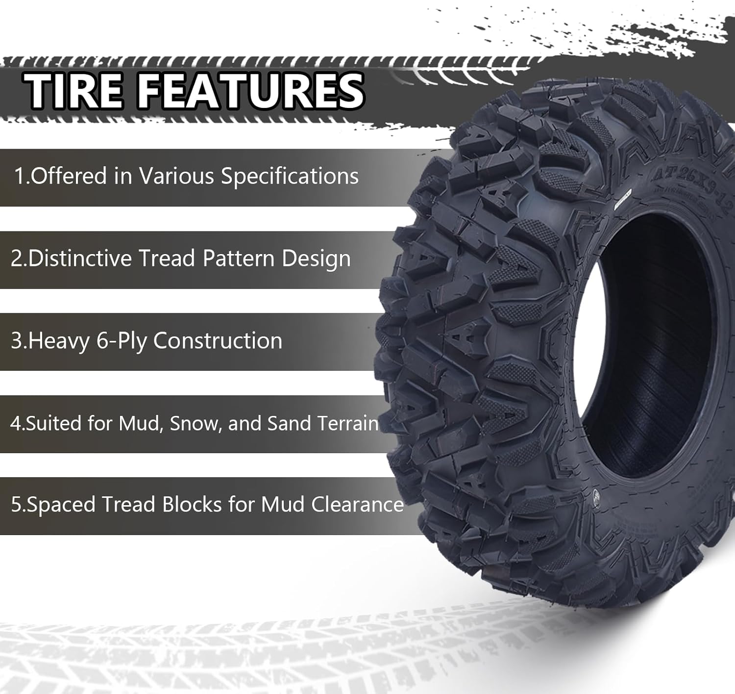 26x12x12 Atv Tires, Set of 2 Atv Tires 26x12-12 6PR, All Terrain Atv/Utv Off-Road Tires, Black