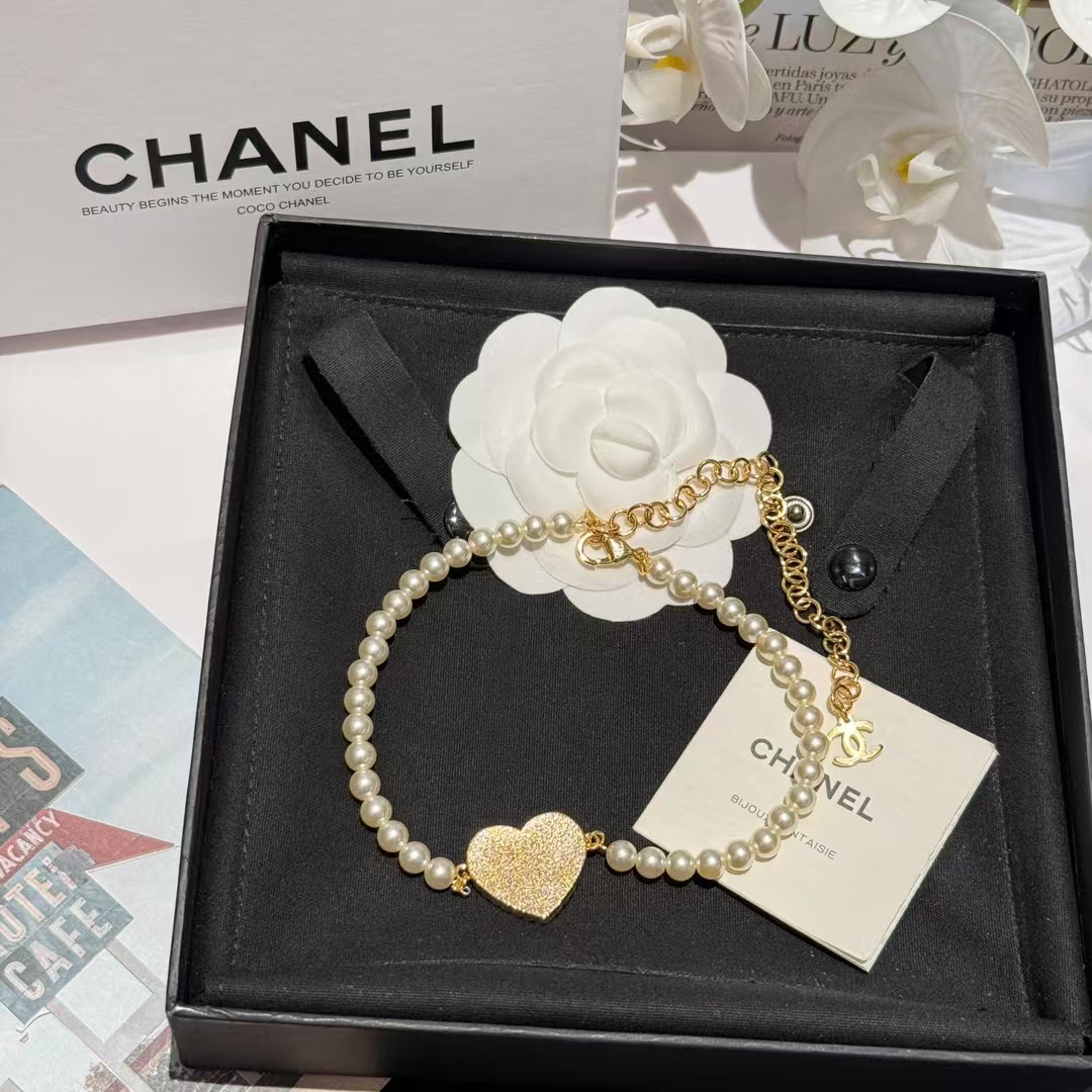 Chanel Denim Heart Pendant Pearl Choker Necklace - Original Replica Club