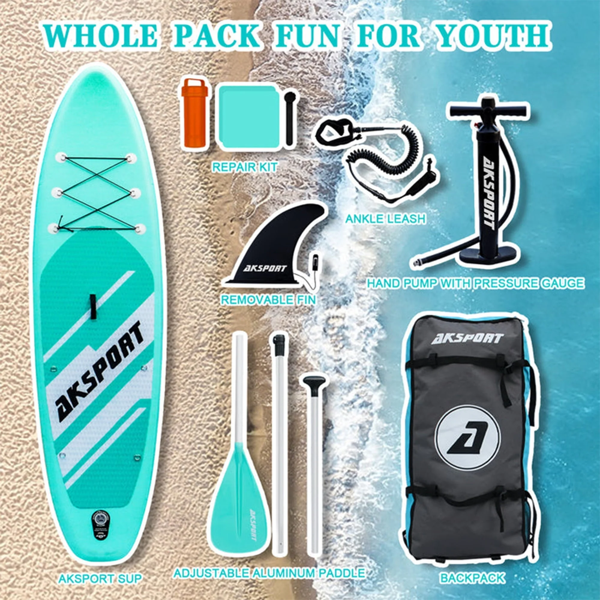AKSPORT 10'6" Inflatable All Around Stand up Paddle Board Kit, Mint Green - Image 7
