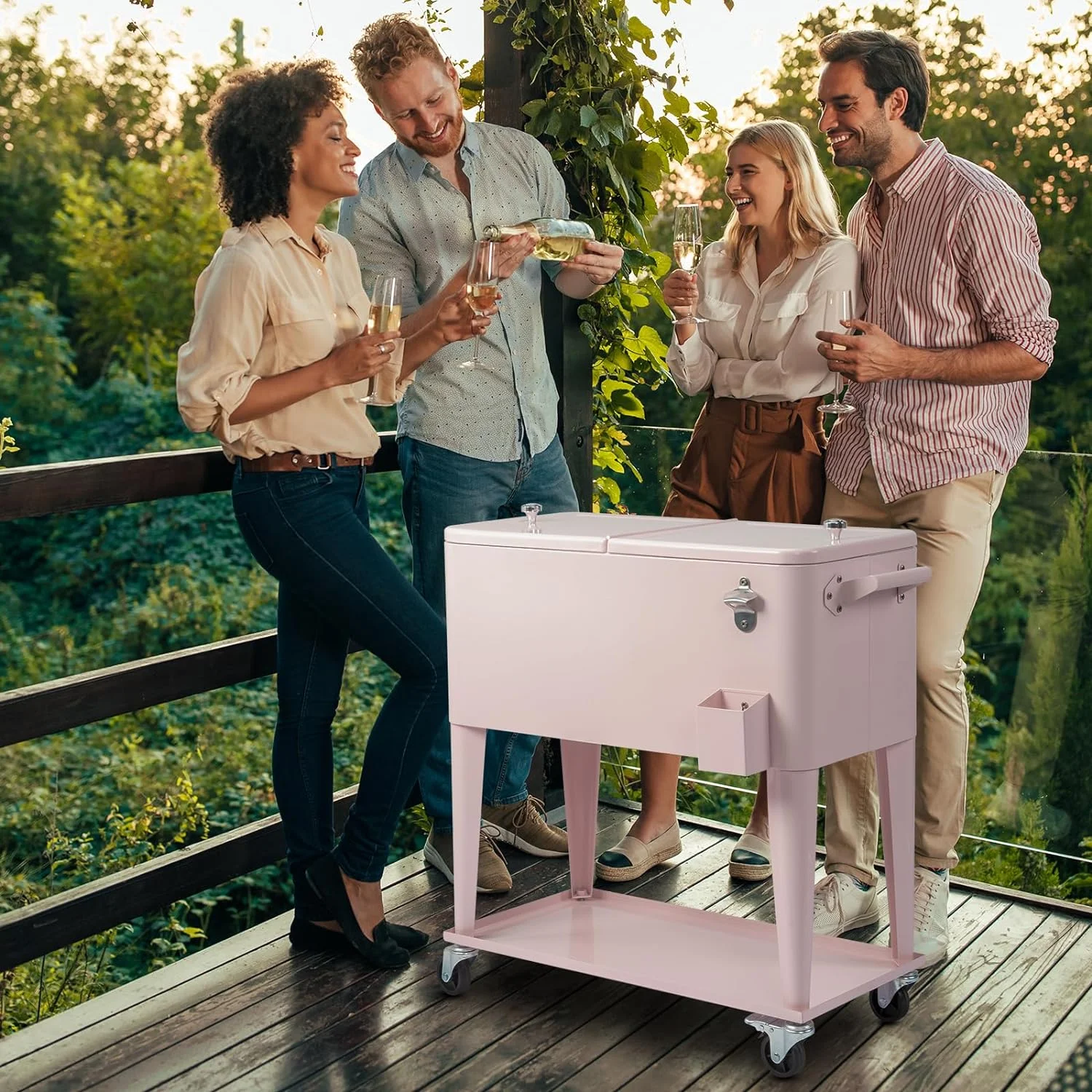 80 Quart Rolling Ice Chest, Portable Bar Drink Cooler with Catch Basin, Bottom Storage Tray and Bottle Opener for Patio Party BBQ Beach Activities - Image 10