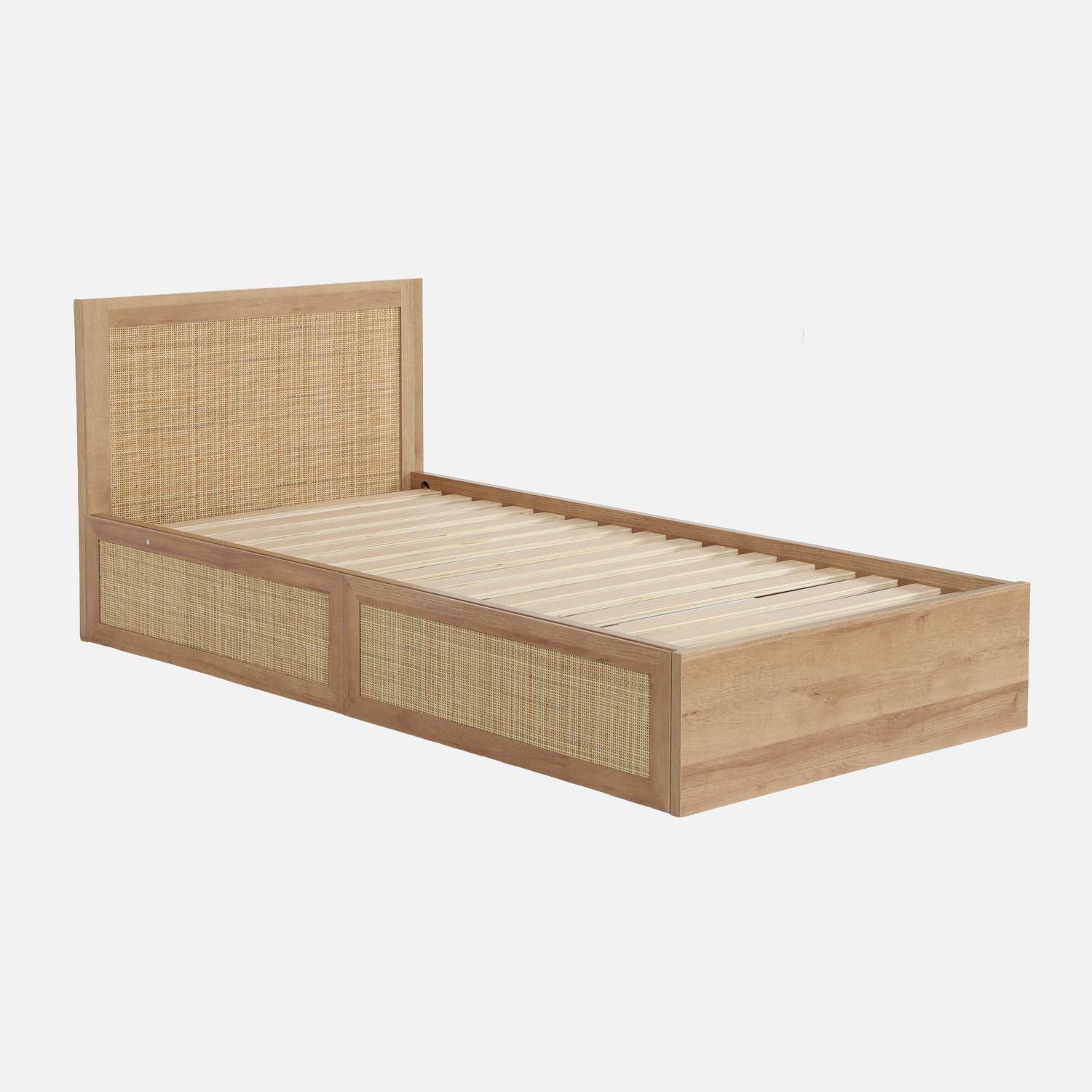 Boheme - Cama bohemia con somier de láminas y cabecero 140x190cm + 2 cajones decorativos