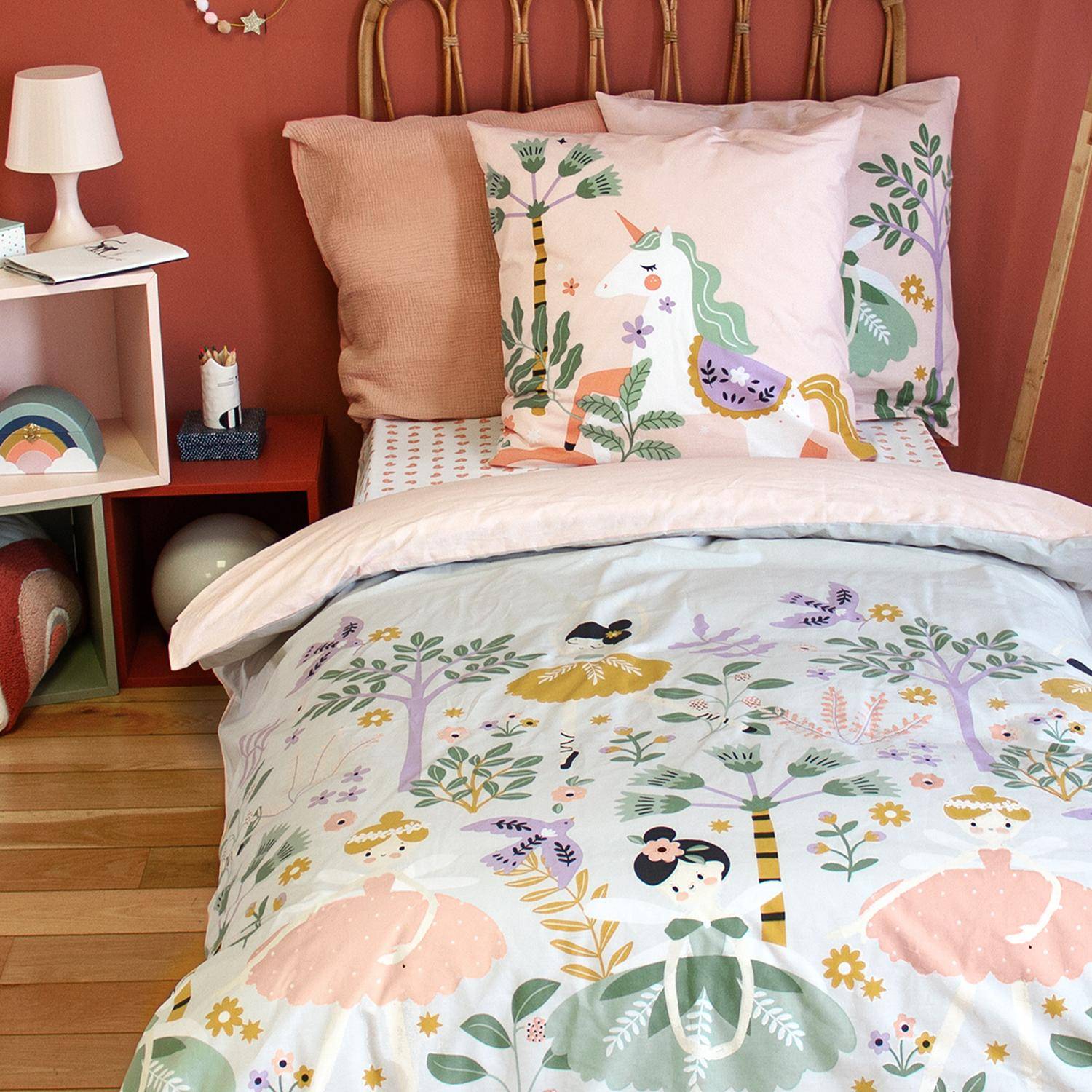 Feerie - Ropa de cama de algodón reversible estampado unicornio/bailarina, 1 plaza