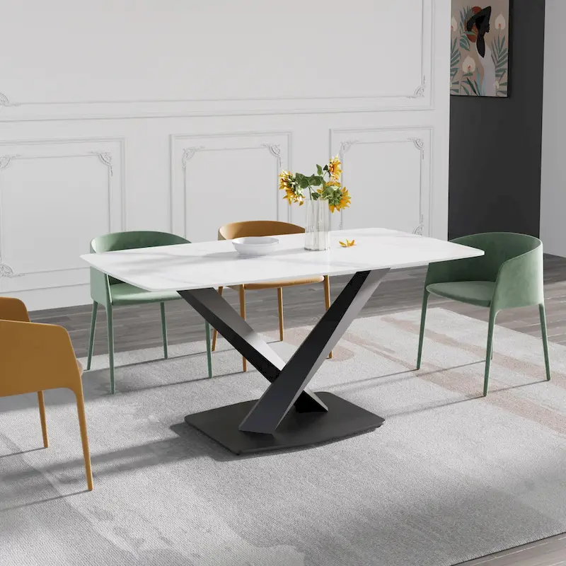63-Inch Contemporary Dining Table with Slate Stone Surface and Metal Legs, Marble Finish