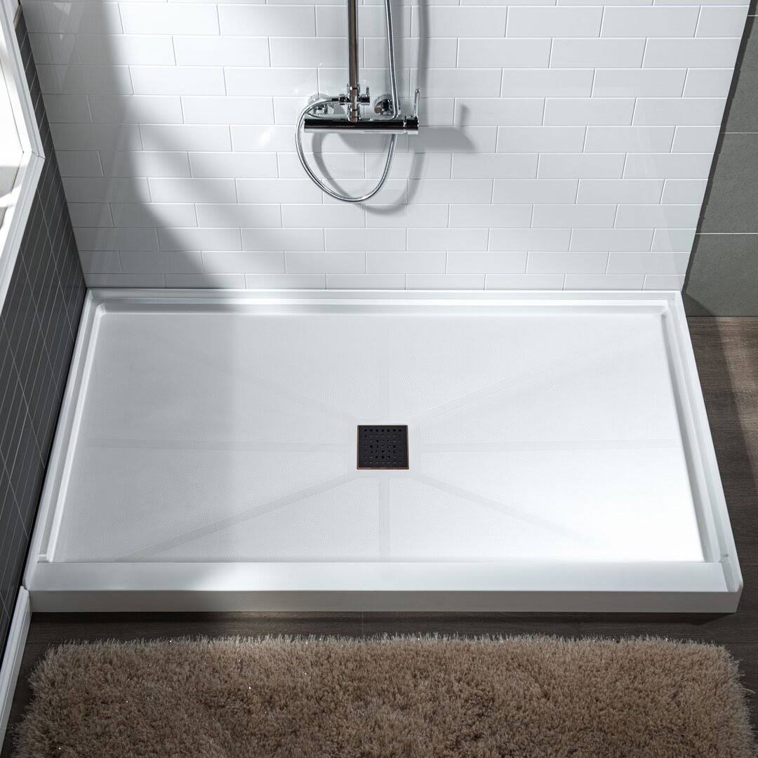Woodbridge Krasik 48 in. L x 36 in. W Alcove Solid Surface Shower Pan Base with Center Drain in White with Oil Rubbed Bronze Cover, White with Oil(Oil-Rubbed Bronze/48" L X 36" W)