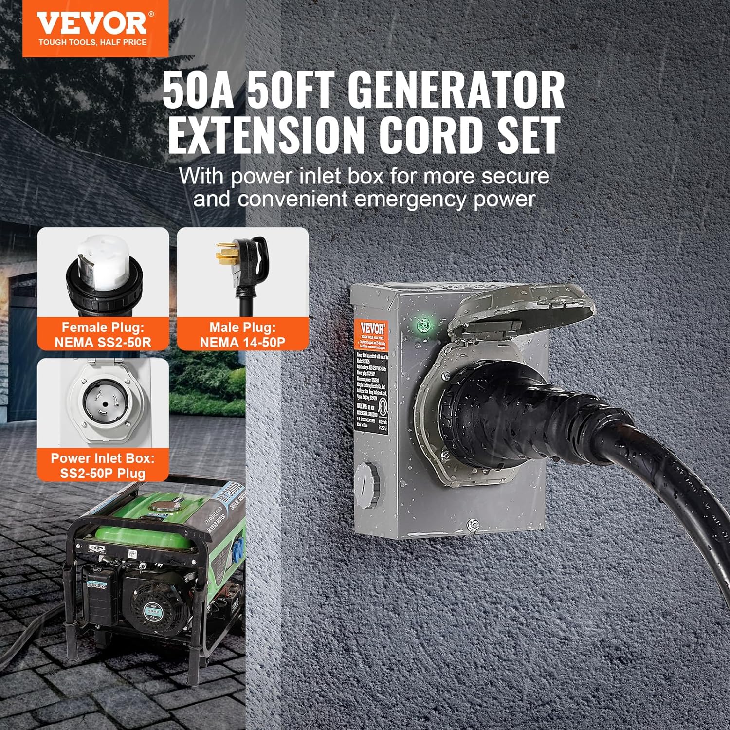 VEVOR 50 Amp Generator Cord And Power Inlet Box Kit, 50-Foot, NEMA 14-50P/SS2-50R, 6/3+8/1 AWG - Image 2 VEVOR 50 Amp Generator Cord And Power Inlet Box Kit, 50-Foot, NEMA 14-50P/SS2-50R, 6/3+8/1 AWG - Image 2