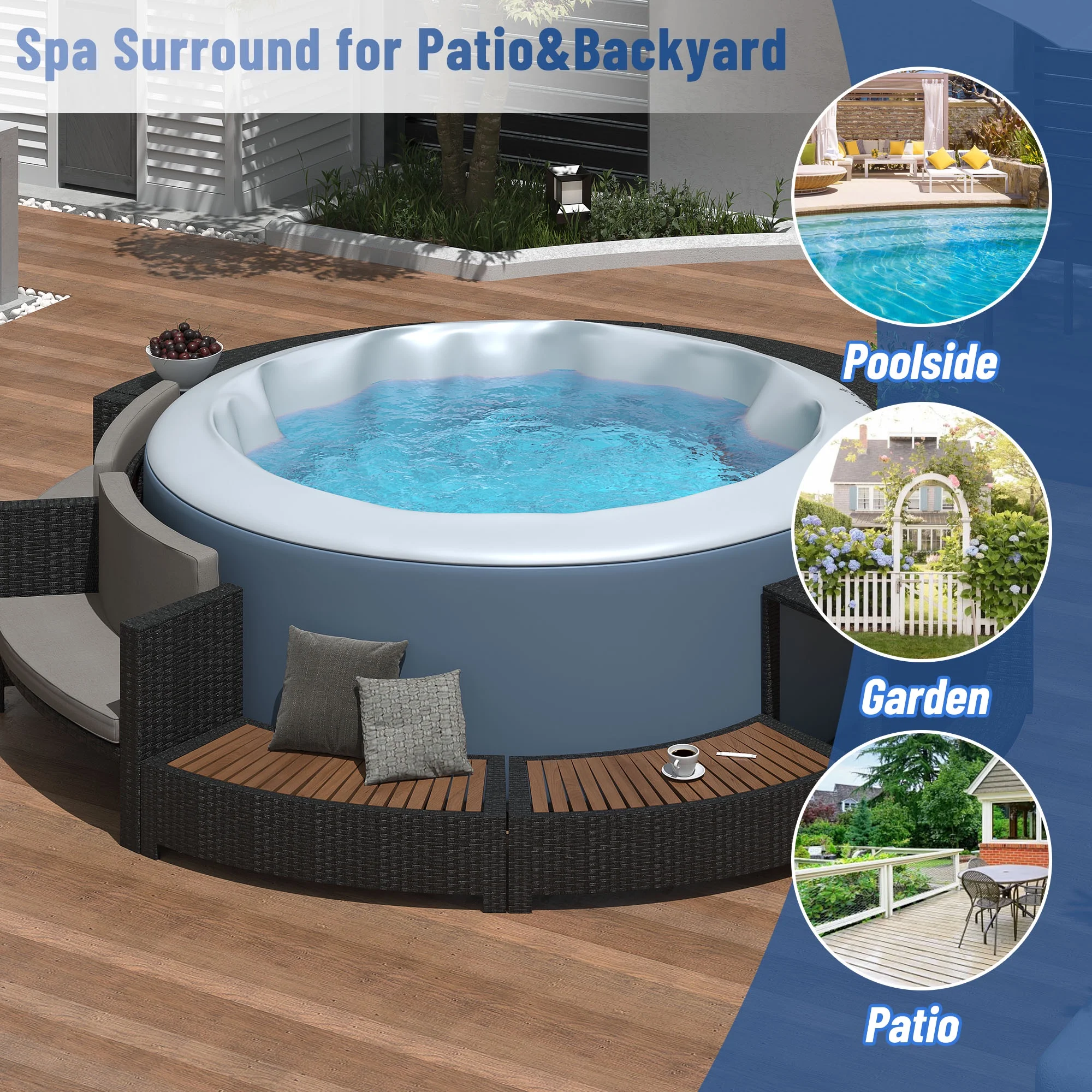 Round Hot Tub Surround Furniture, Spa Surround Outdoor Rattan Sectional Sofa Set with Mini Sofa, Solid Acacia Wood Hot Tub Storage Surround Patio Furniture Set, Gray Cushion - Image 8
