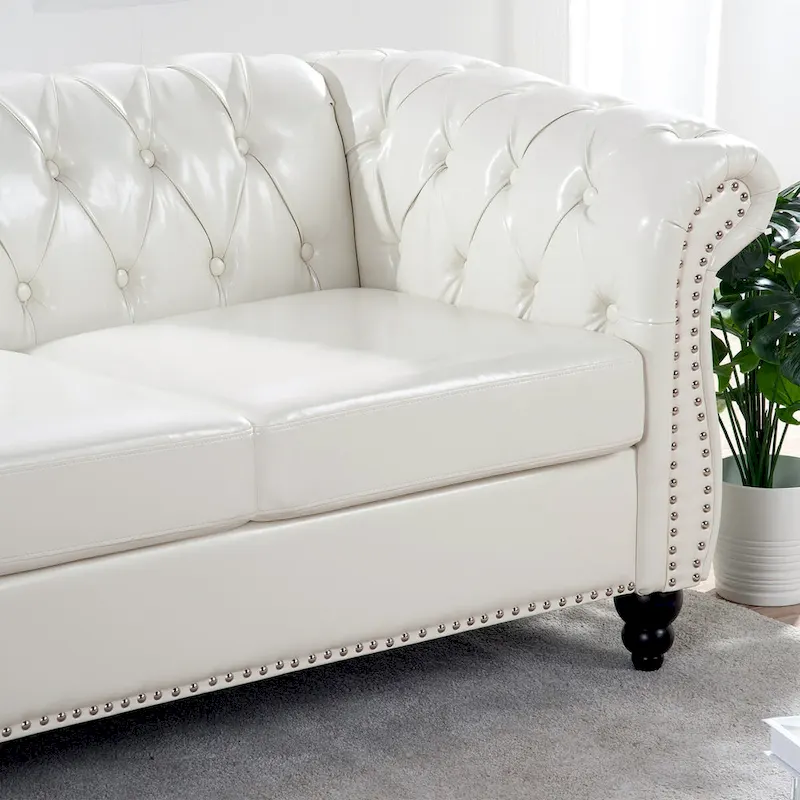 Cream 84.65 Traditional Chesterfield 3-Seater Sofa in PU Leather