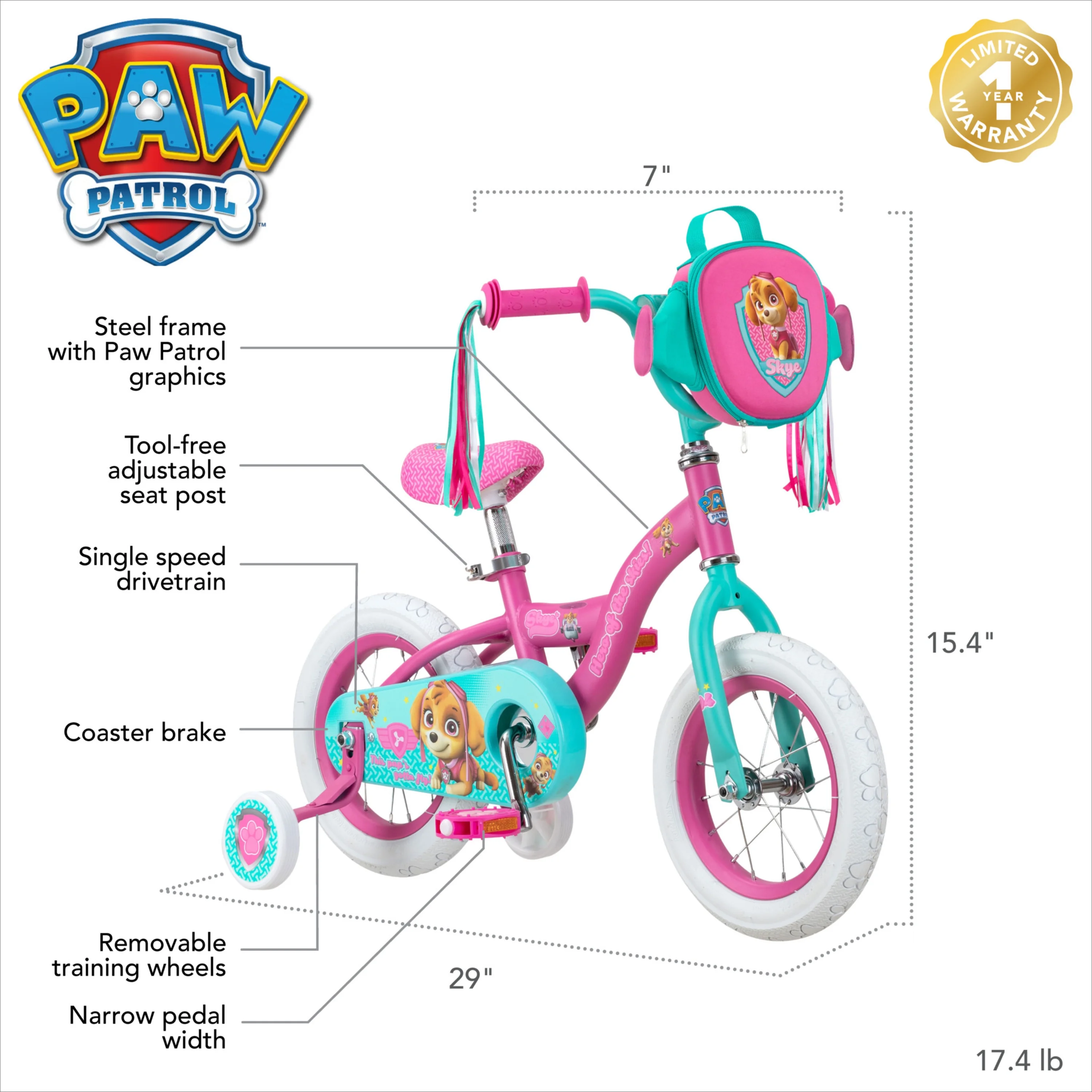 12in. Paw Patrol Skye Girls Kids Bike, Ages 2 to 4, Pink - Image 2