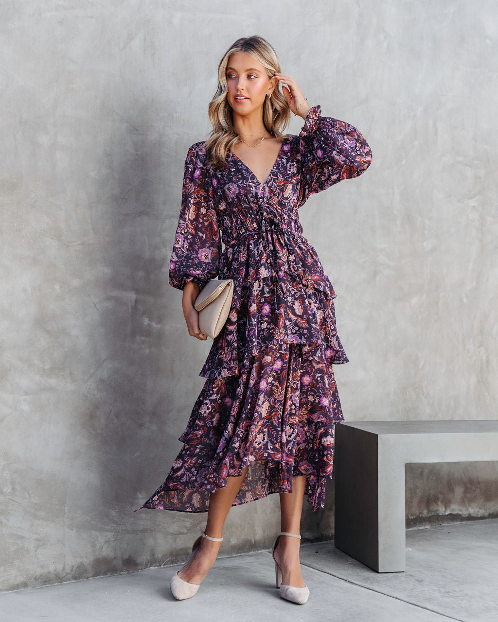 Maleah Floral Tiered Chiffon Midi Dress - Plum - Se7enfashion