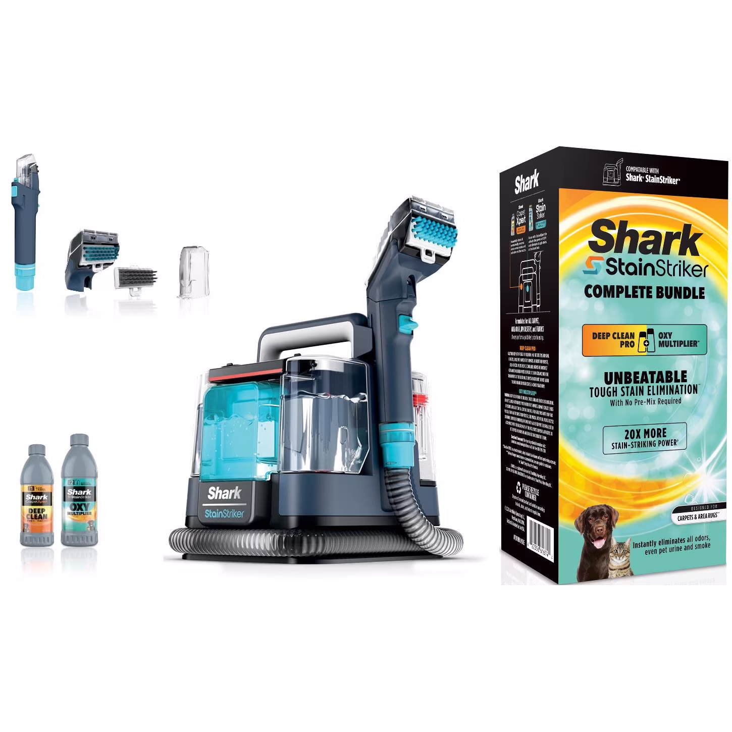 Shark StainStriker Carpet and Upholstery Cleaner, Portable with 2 Tools, 6oz Deep Clean Pro Formula and 12oz OXY Multiplier Formula, PX200 Navy/White