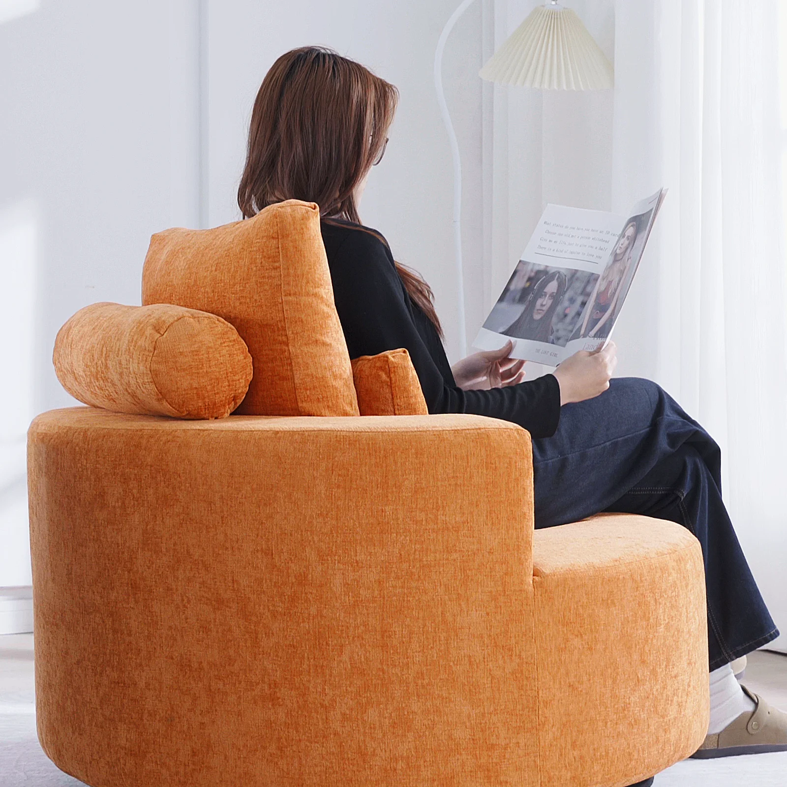 Fumahaus Upholstered Swivel Accent Chair, Oversized Comfy Round Sofa Chair with Two Pillows, Leisure Sofa Chair for Living Room Bedroom, Beige - Image 26