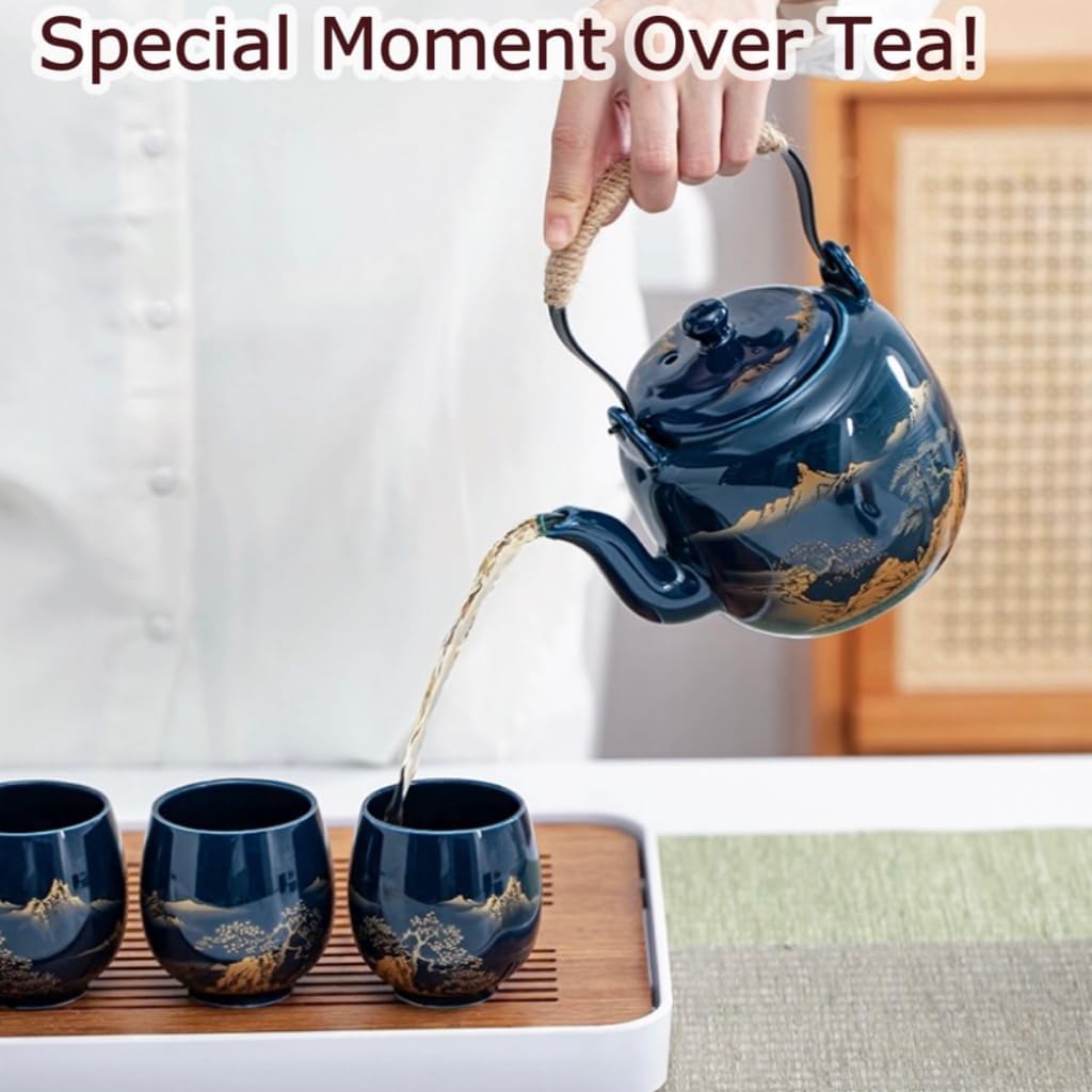 Japanese Tea Set of 6, 40oz Blue Porcelain Teapot and 6 Cups, Gold Hand-Painted Teaware with Stainless Steel Infuser and Tray, Traditional Style Gift for Tea Lovers, Mother's Day, Birthday