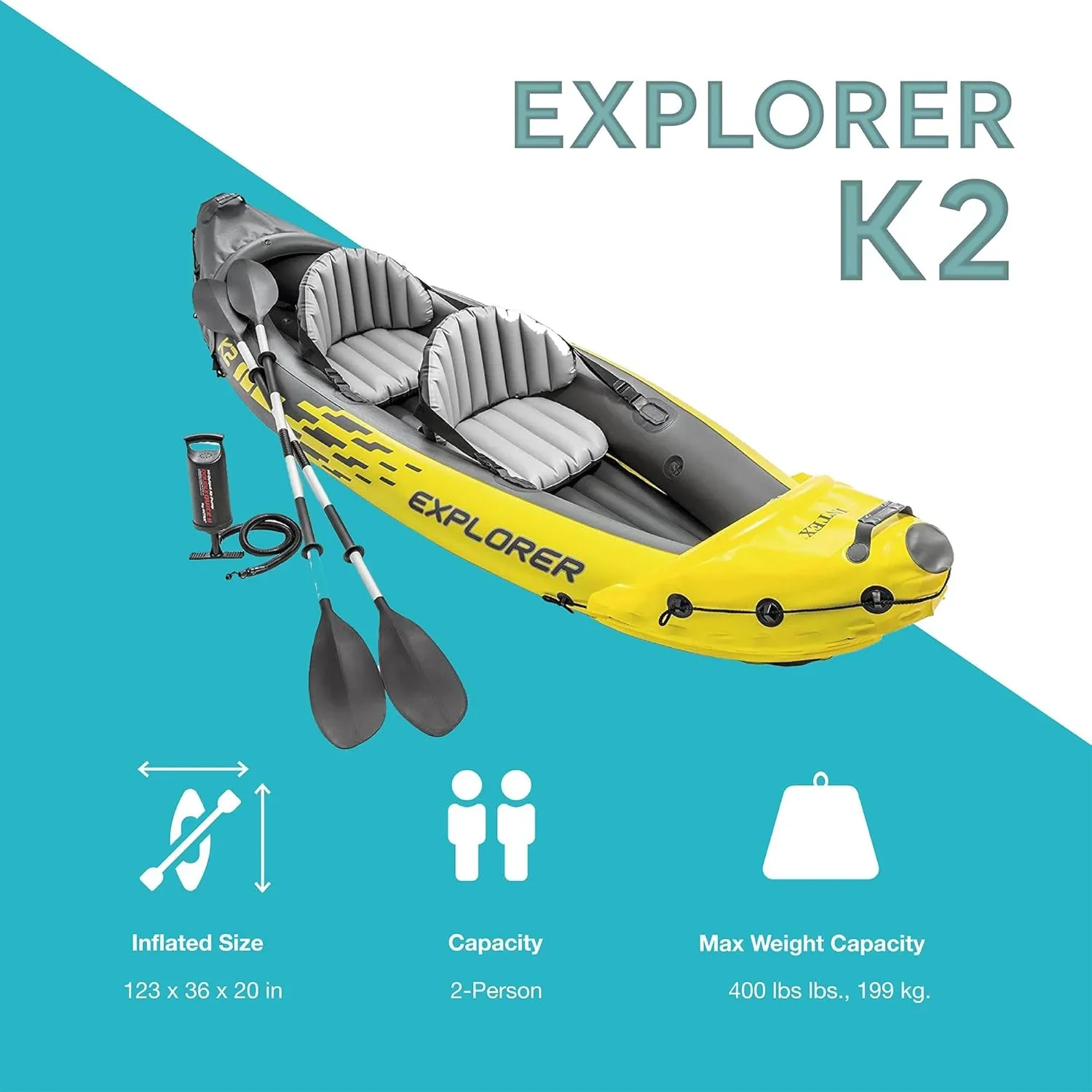 Explorer K2 Inflatable Kayak Set, 2-Person, Yellow, 400 lb Capacity - Explorer K2 - Image 2 Explorer K2 Inflatable Kayak Set, 2-Person, Yellow, 400 lb Capacity - Explorer K2 - Image 2