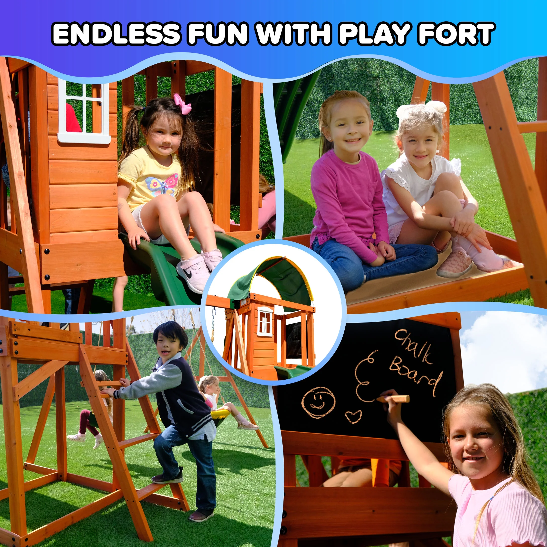Sportspower Amelia Wooden Swing Set with 2-Person Saucer Swing, 6' Blow Molded Slide, Swing, Play Fort, Heavy Duty Double A-Frame, Lifetime Warranty on Slide - Image 6