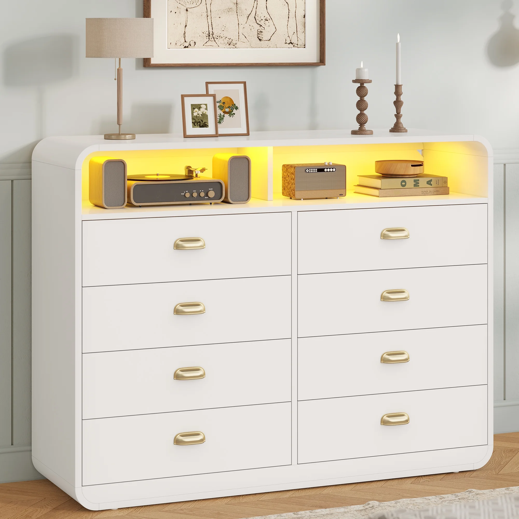 8 Drawers Dresser, Modern Chests Of Drawers with LED Lights, Curved Design for Living Room, Bedroom, White - Image 2