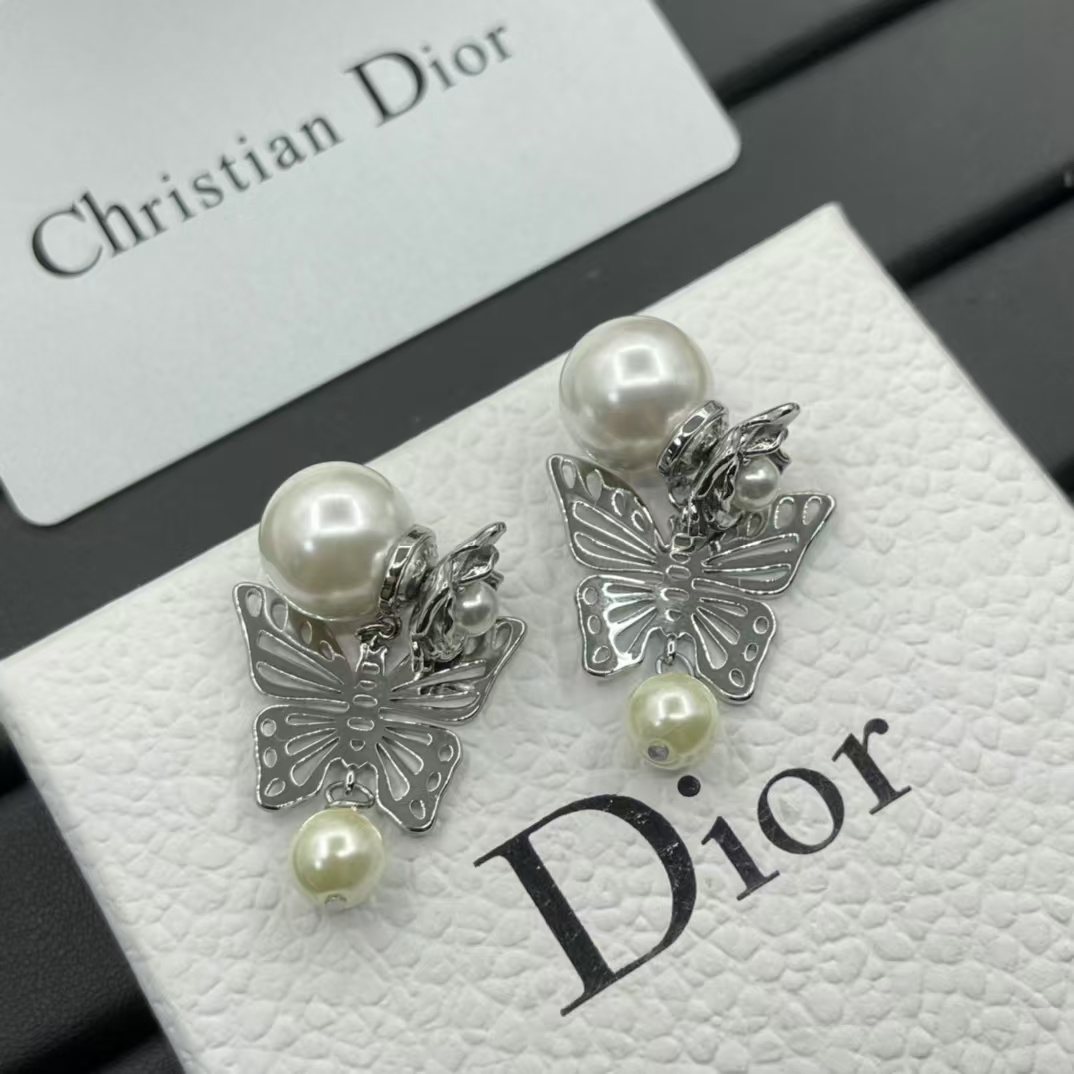 Dior Silver Butterfly Pearl Earrings - Original Replica Club