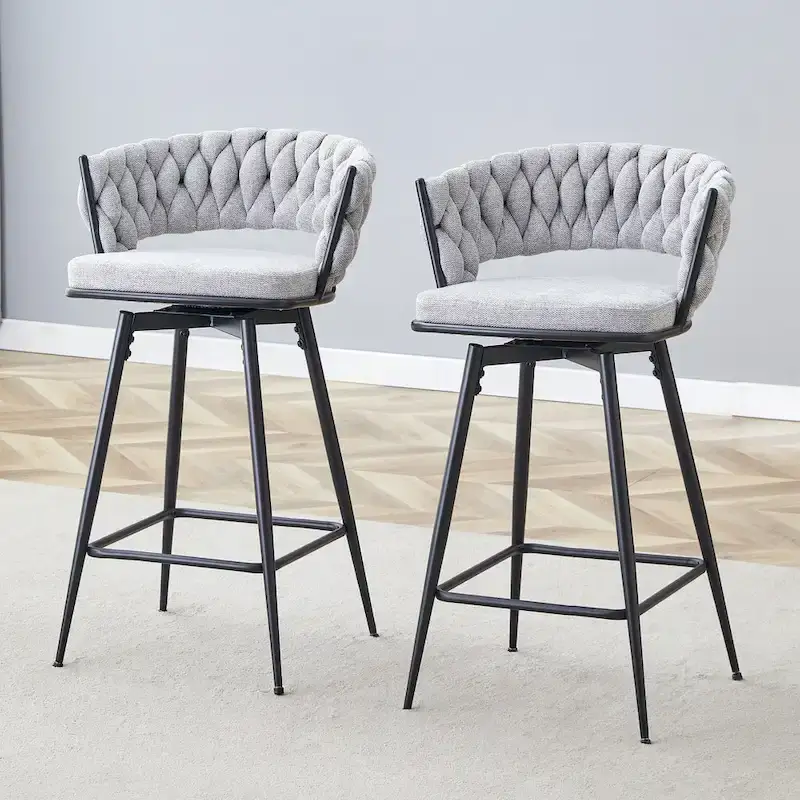 Pair of Swivel Bar Stools with Comfortable Linen Cushions - Counter Height Seating for Kitchen Islands, Dining Areas, or Pubs