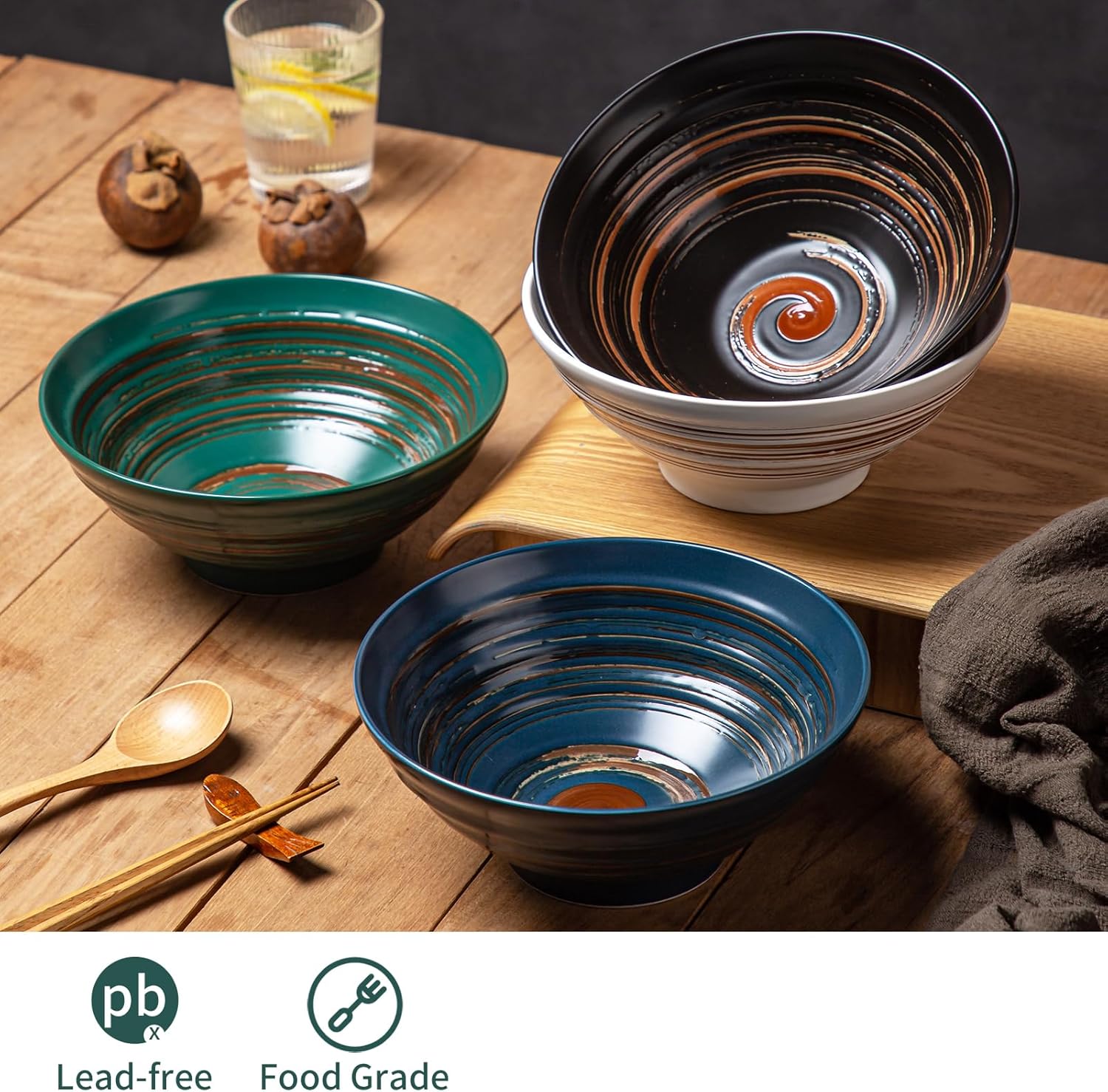 YUN TAO Ceramic Ramen Bowls Set of 4, 35 oz Large Japanese Style Serving Bowls for Salad,Udon, Soba, Pho,Pasta, Asian Soup Noodle (Multicolor - Set of 4)