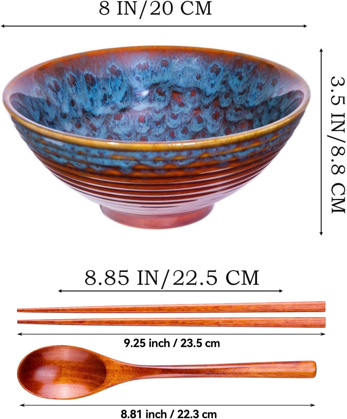 Ceramic Ramen Bowls - 40 oz - 20cm - With Spoon and Chopsticks for Ramen Soup Pho Udon Asian Noodles, Large Noodle Bowls (Cat's eye glaze)