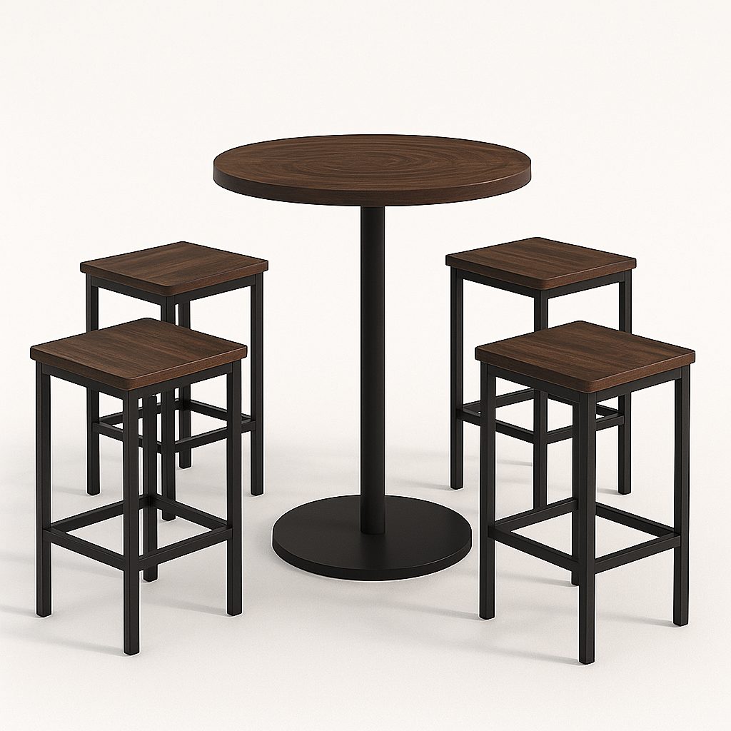 Barra de jardín, conjunto de mesa alta redonda y 4 taburetes, marrón oscuro