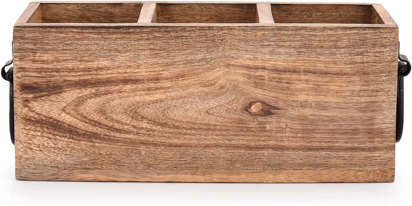 Samhita Mango Wood Cutlery Holder Caddy Organizer Wooden Utensil Storage Organizer Countertop for Silverware Fork Spoon Spatula 3 compartments (11