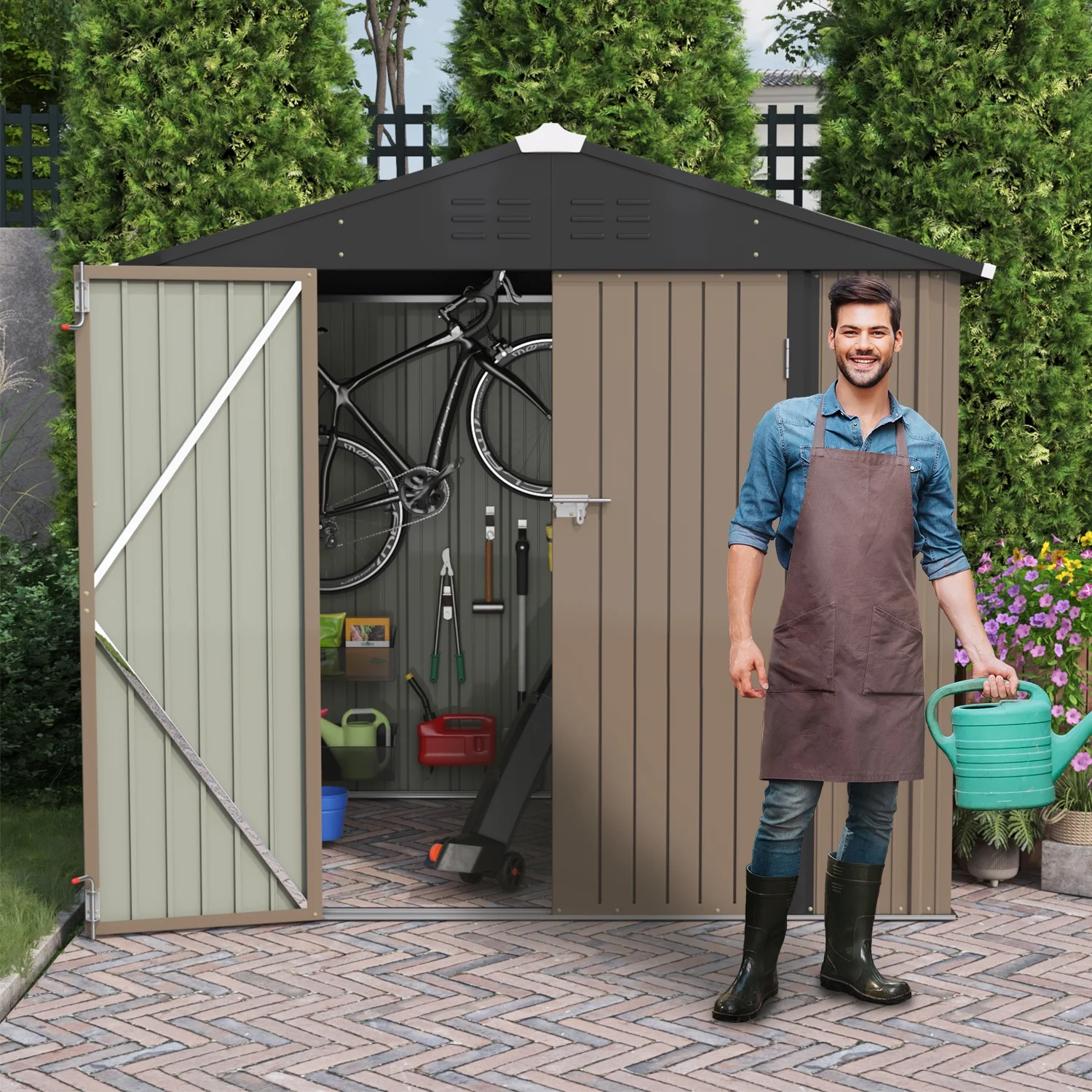 LACOO 4' x 6' Outdoor Storage Metal Shed for Tool Storage, Outdoor House for Backyard & Garden,Brown - Image 26