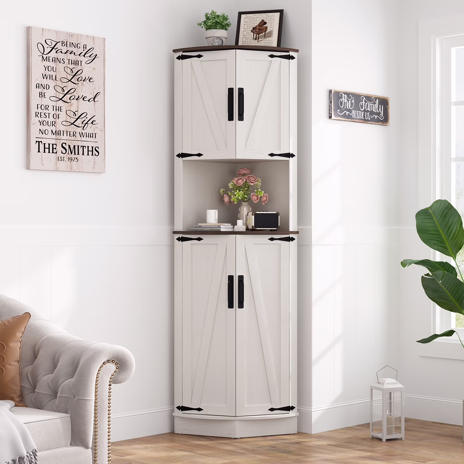 Chvans Farmhouse 68" Tall Corner Cabinet W/4 Barn Doors, 5 Tier Bookcase Storage Cabinet with Adjustable Shelves, Corner Storage Cabinet for Bathroom, Living Room, Kitchen, Brown(Brown)
