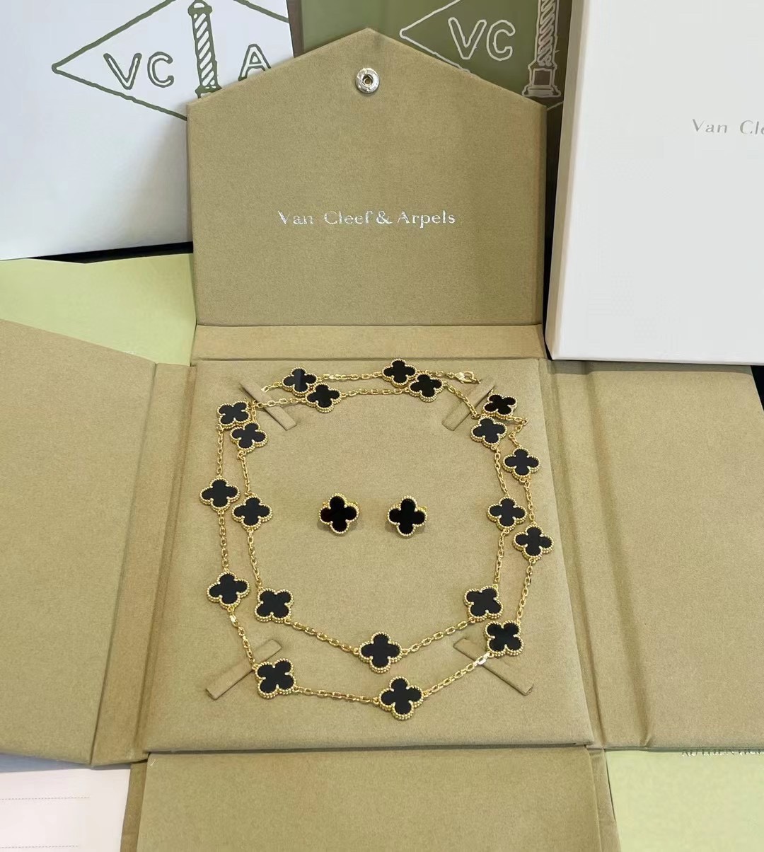VCA Yellow Gold Black Clover Vintage Alhambra Long Necklace, 20 Motifs - Original Replica Club