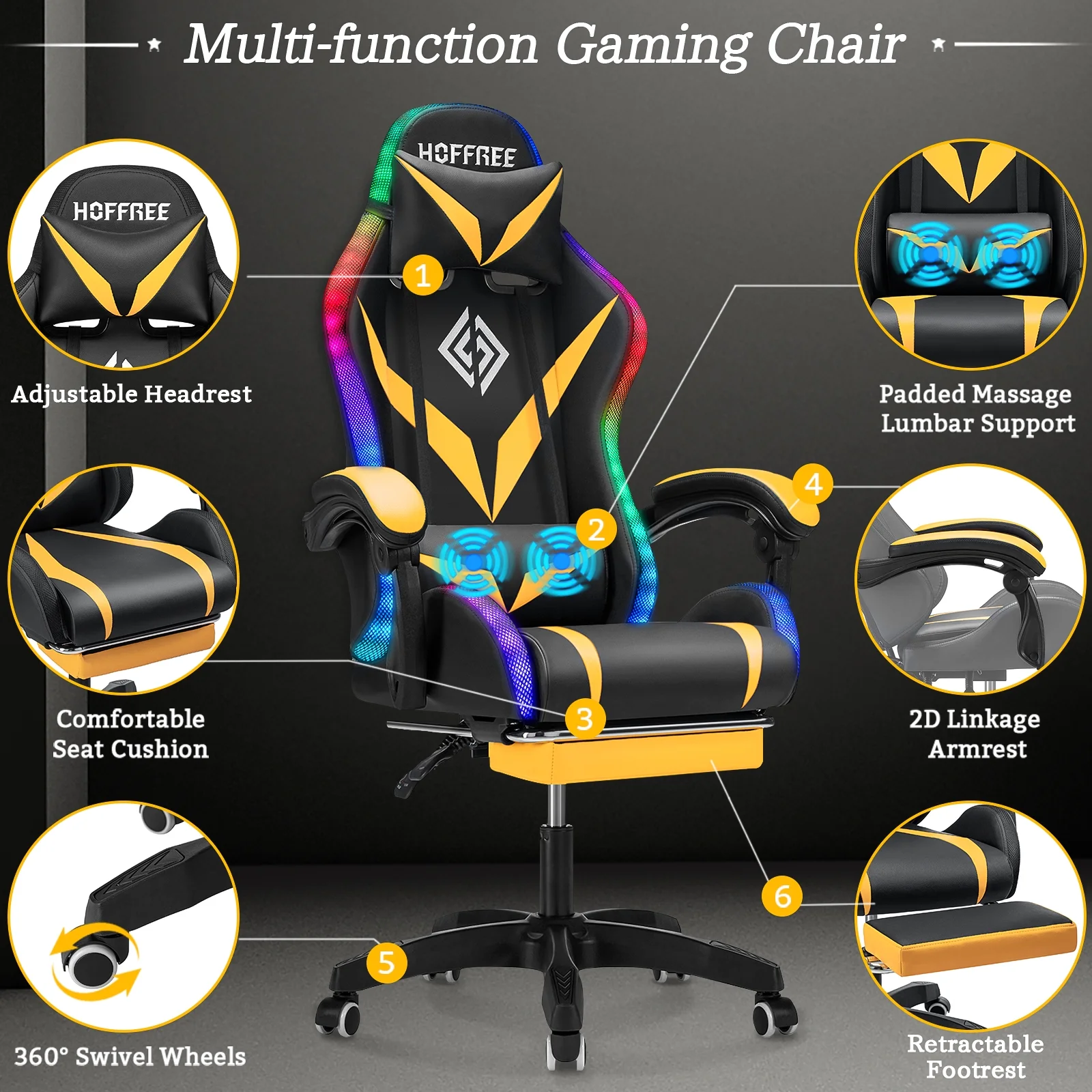 Hoffree Gaming Chair with Speakers PU Leather Office Chair with Footrest and LED Lights Ergonomic Gamer Chair with Massage Lumbar Support and Headrest Adjustable Swivel for Home Office 300lb - Image 33