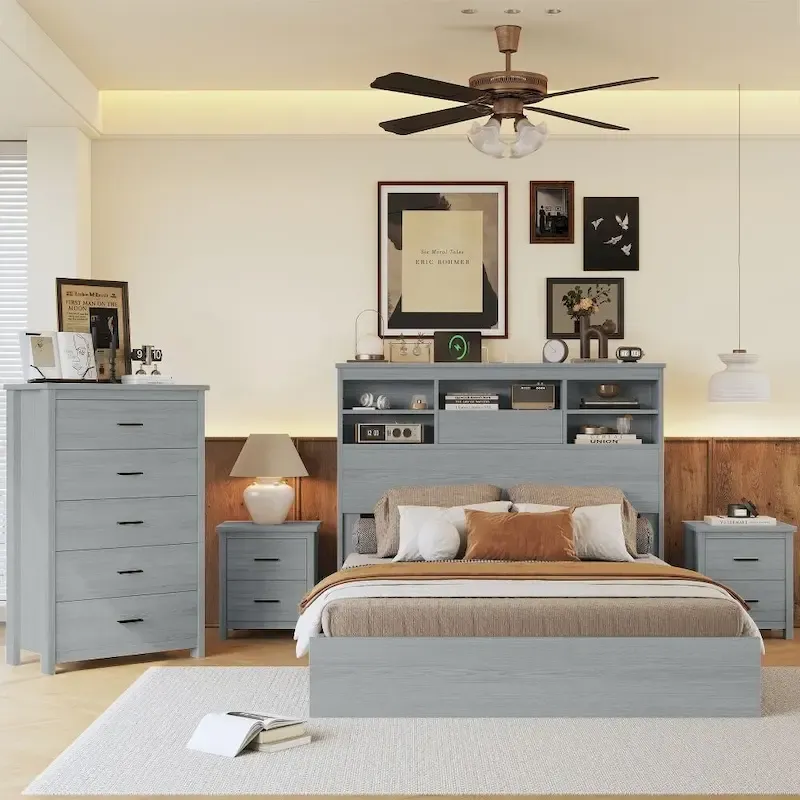 Vintage Queen Size Bedroom Set: 4-Piece Wooden Bed Frame with 2 Nightstands and 1 Dresser
