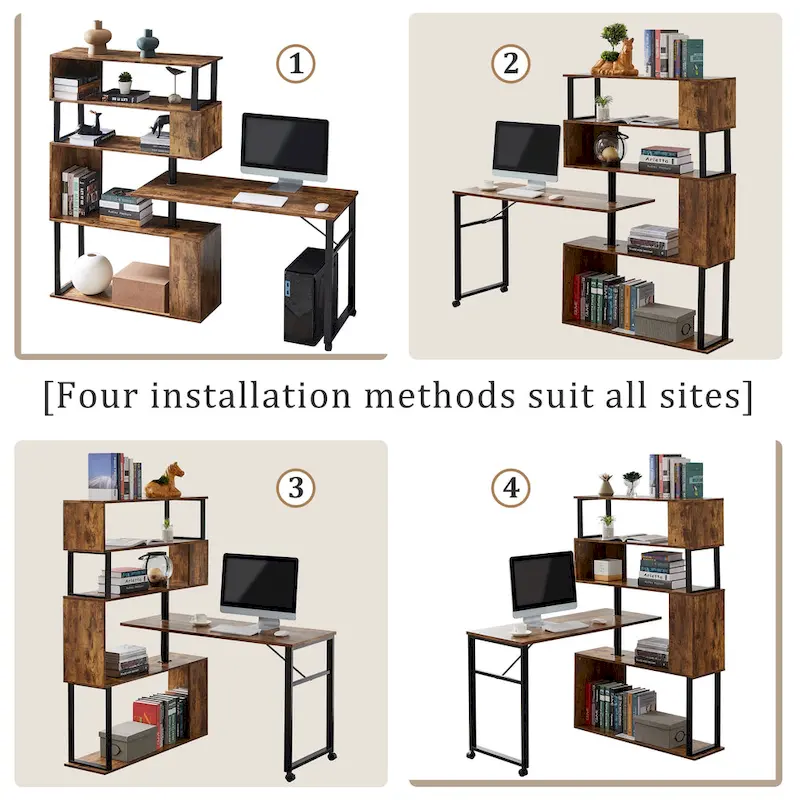 Modern Computer Desk with 5-Tier Shelves – Space-Saving Rotatable Workstation