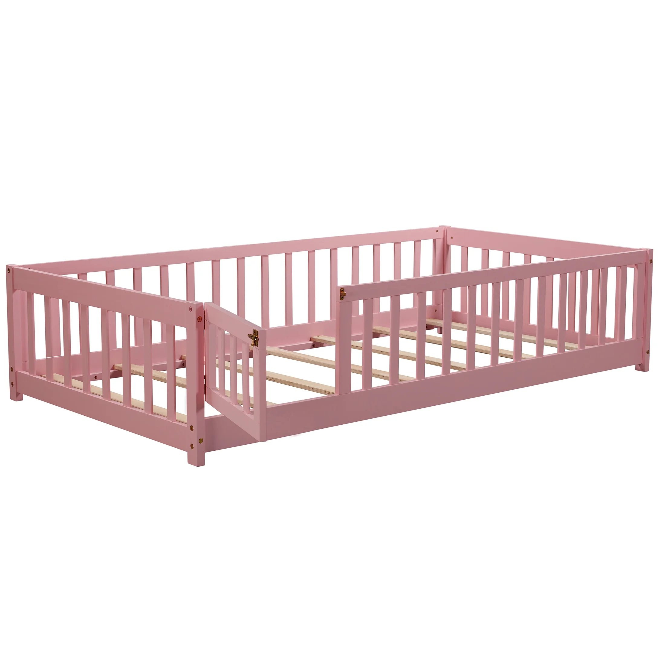 UHOMEPRO Twin Size Floor Bed with Door and Fence, Montessori Floor Bed with Slats and Safety Guardrails, Solid Wood Twin Bed Frame for Bedroom, White - Image 46