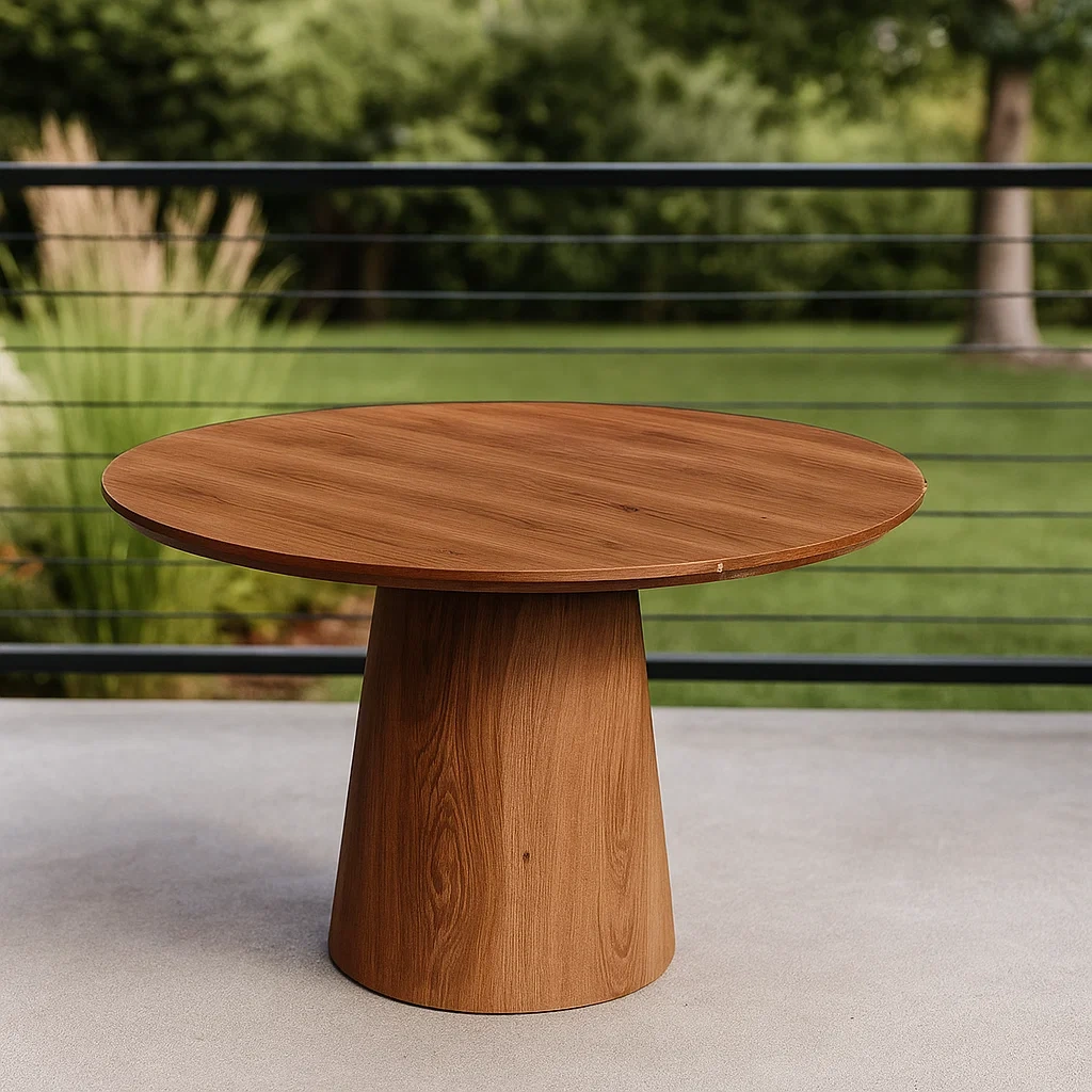 Mesa de comedor de exterior,marrón,madera y MDF,terraza,diámetro 110 cm x altura 80 cm