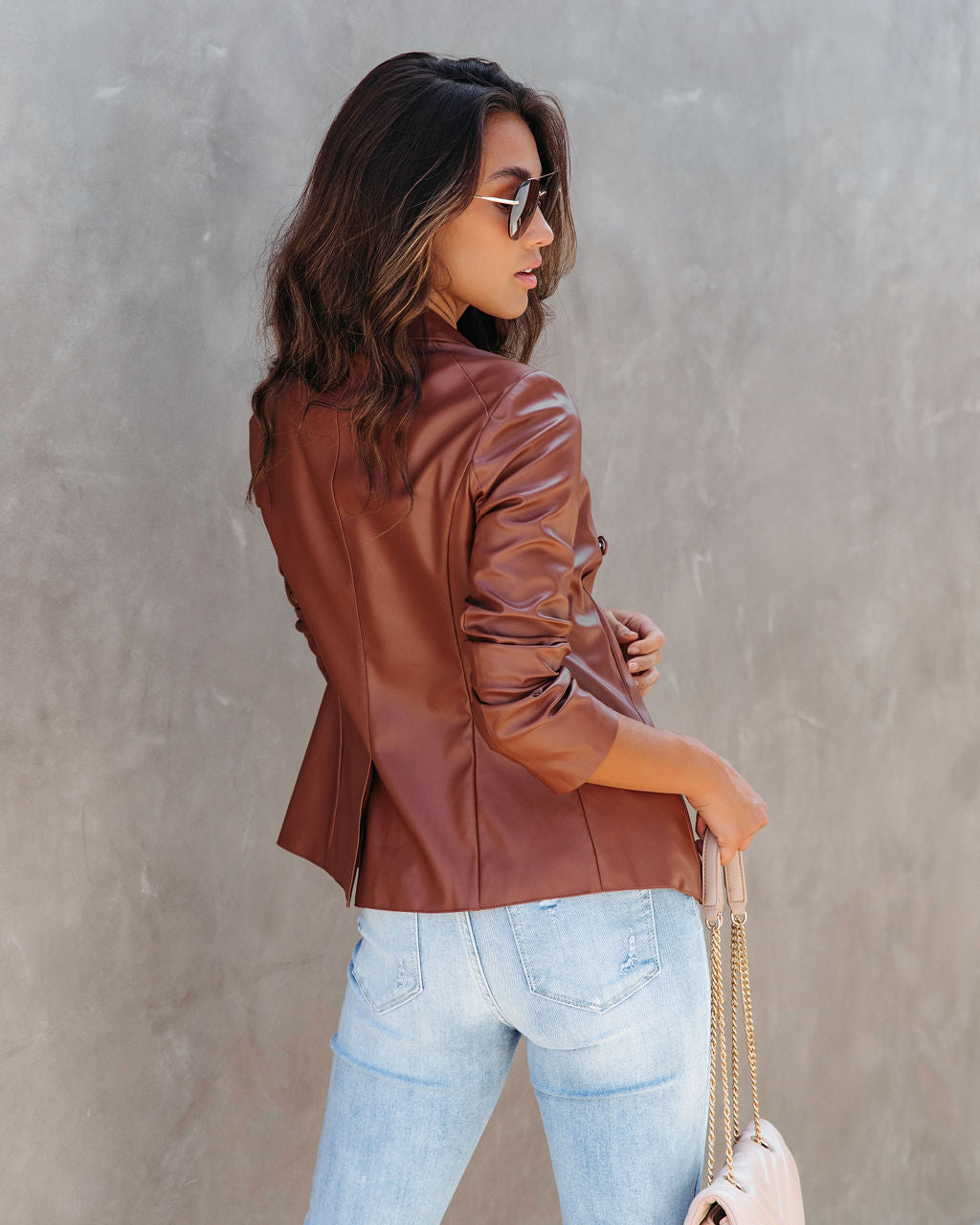 Angelique Faux Leather Blazer - Chestnut - Se7enfashion