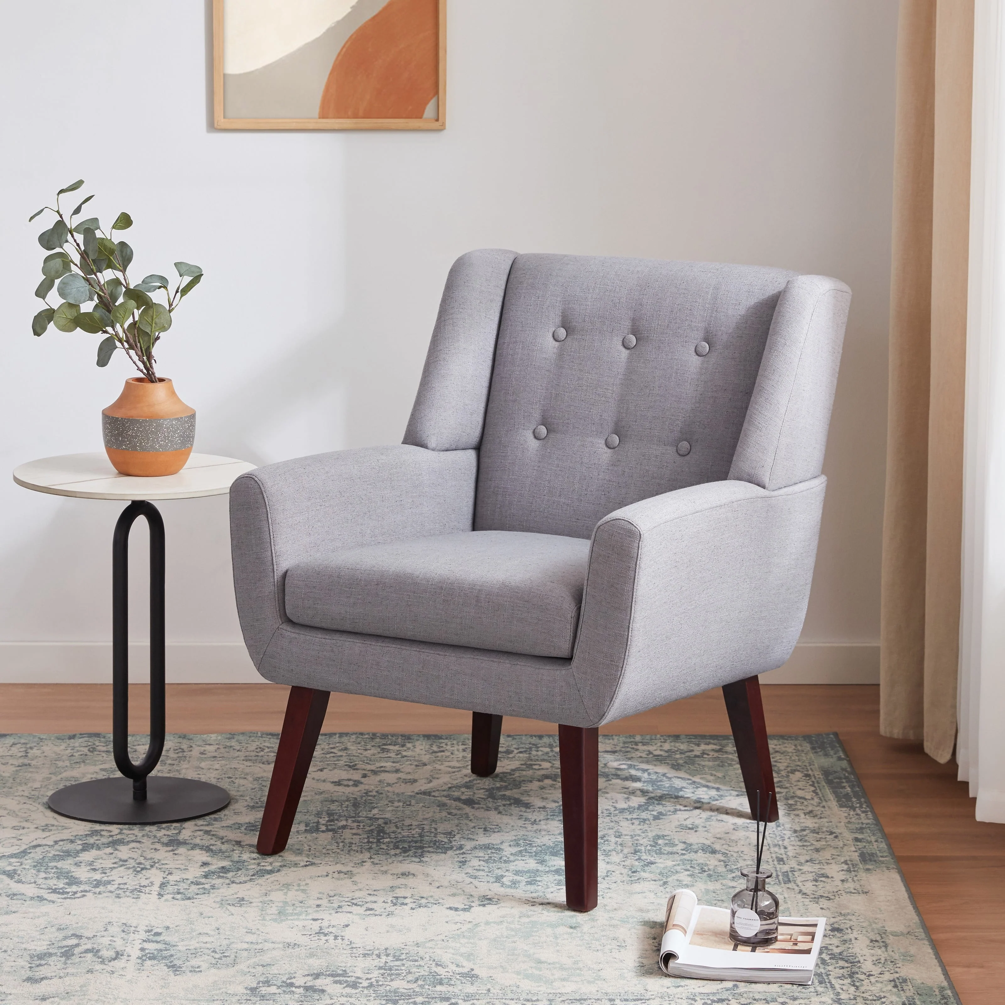 HUIMO Accent Chair, Button-Tufted Upholstered Living Room Chairs, Mid Century Modern Comfy Reading Chairs for Bedroom, Living Room, Beige - Image 10