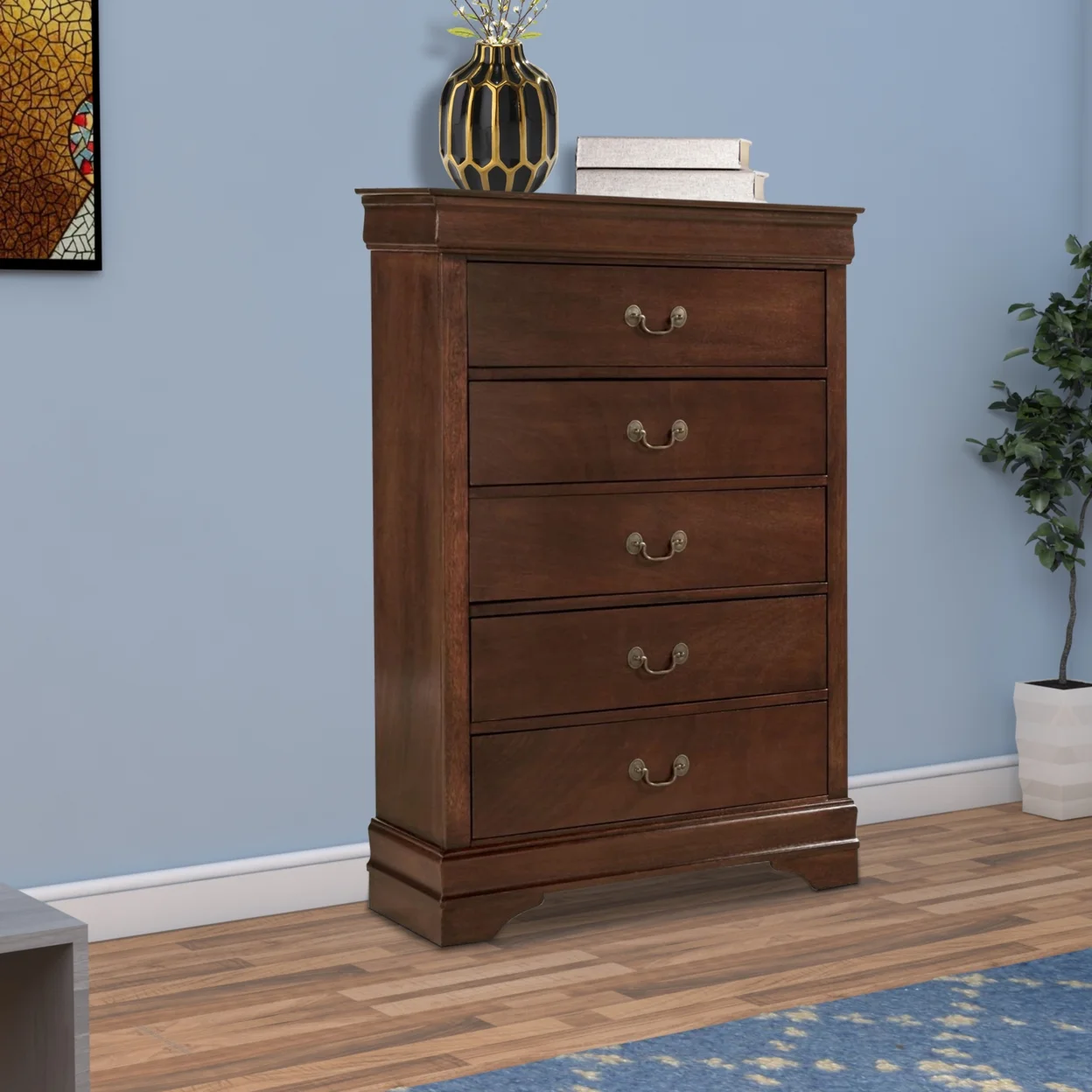 5 Drawer Wooden Chest With Metal Hardware, Cherry Brown- Saltoro Sherpi - Image 6