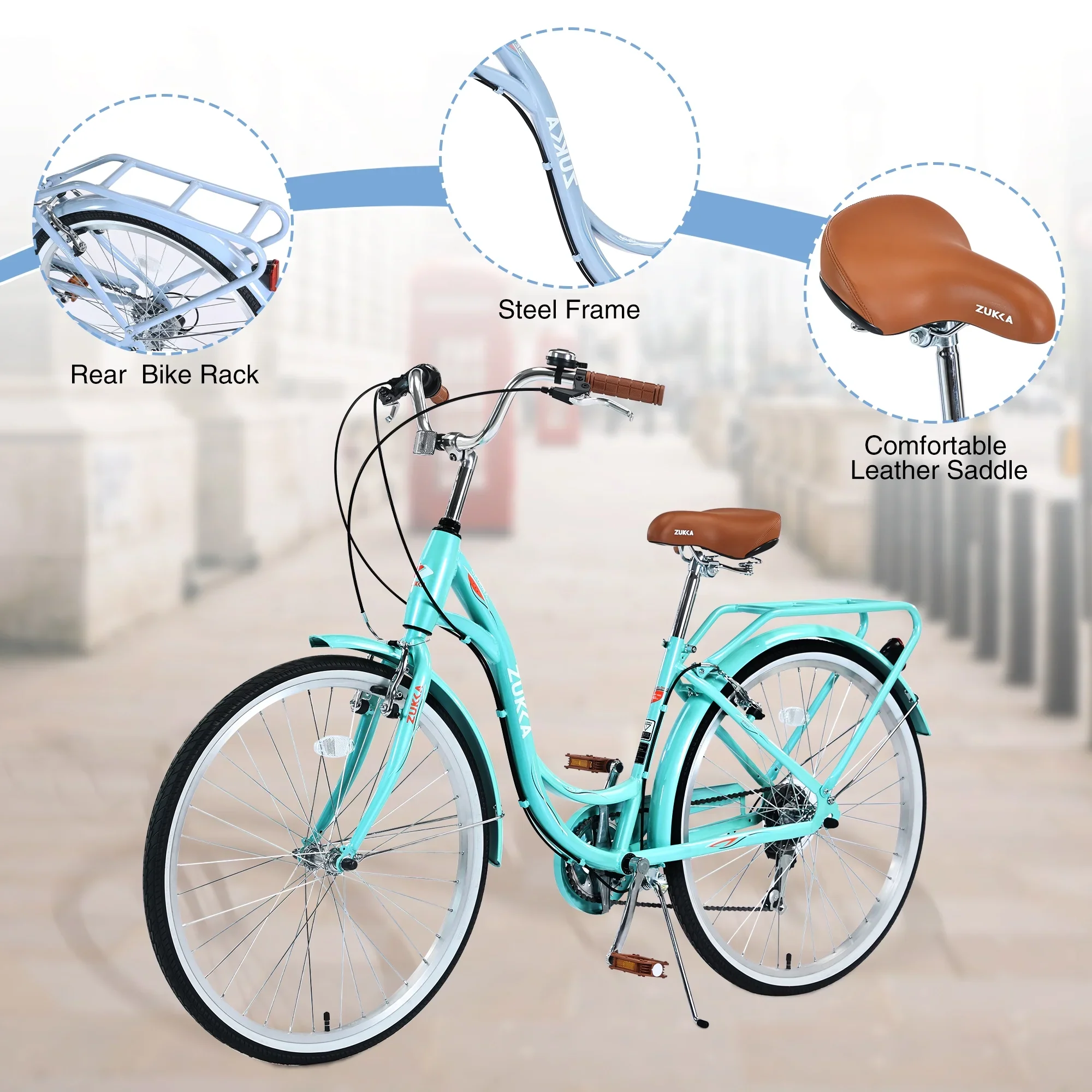 26 Inch Women's Bike, Adult Cruiser Bicycle Shimano 7 Speed Steel Frame City Commuter Bike for Ladies, Green