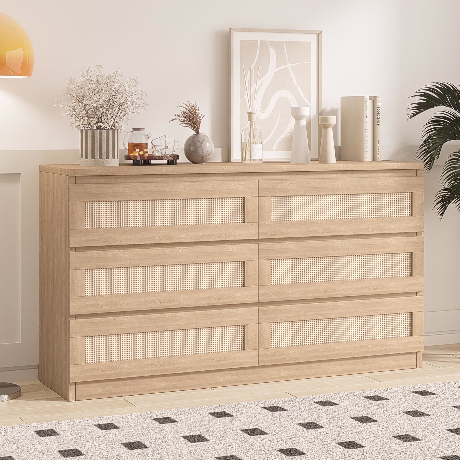Garvee Rattan Dresser for Bedroom 6 Drawer, Double Dresser with Anti - Tip Kit, Wood Storage Wide Chest of Drawers for Bedroom, Living Room, Hallway, Oak Color(6 Drawer/Natural)