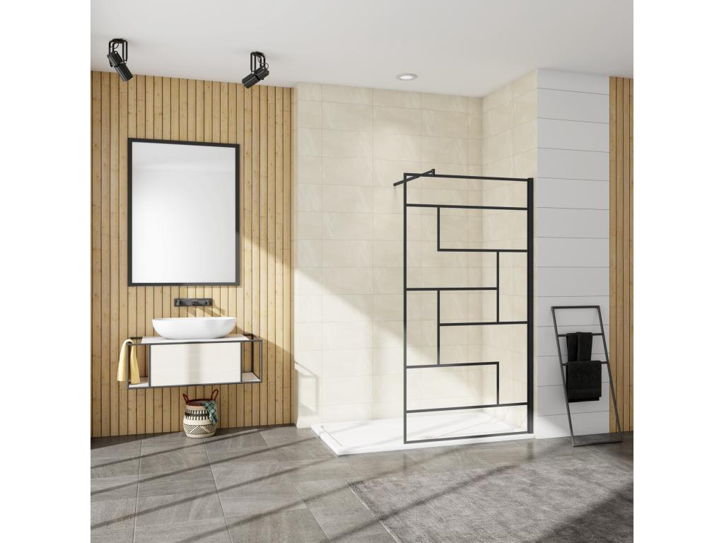 Panel de ducha serigrafiada,vidrio 8mm antical,barra 70-120cm,perfil negro,(98-100)x200cm