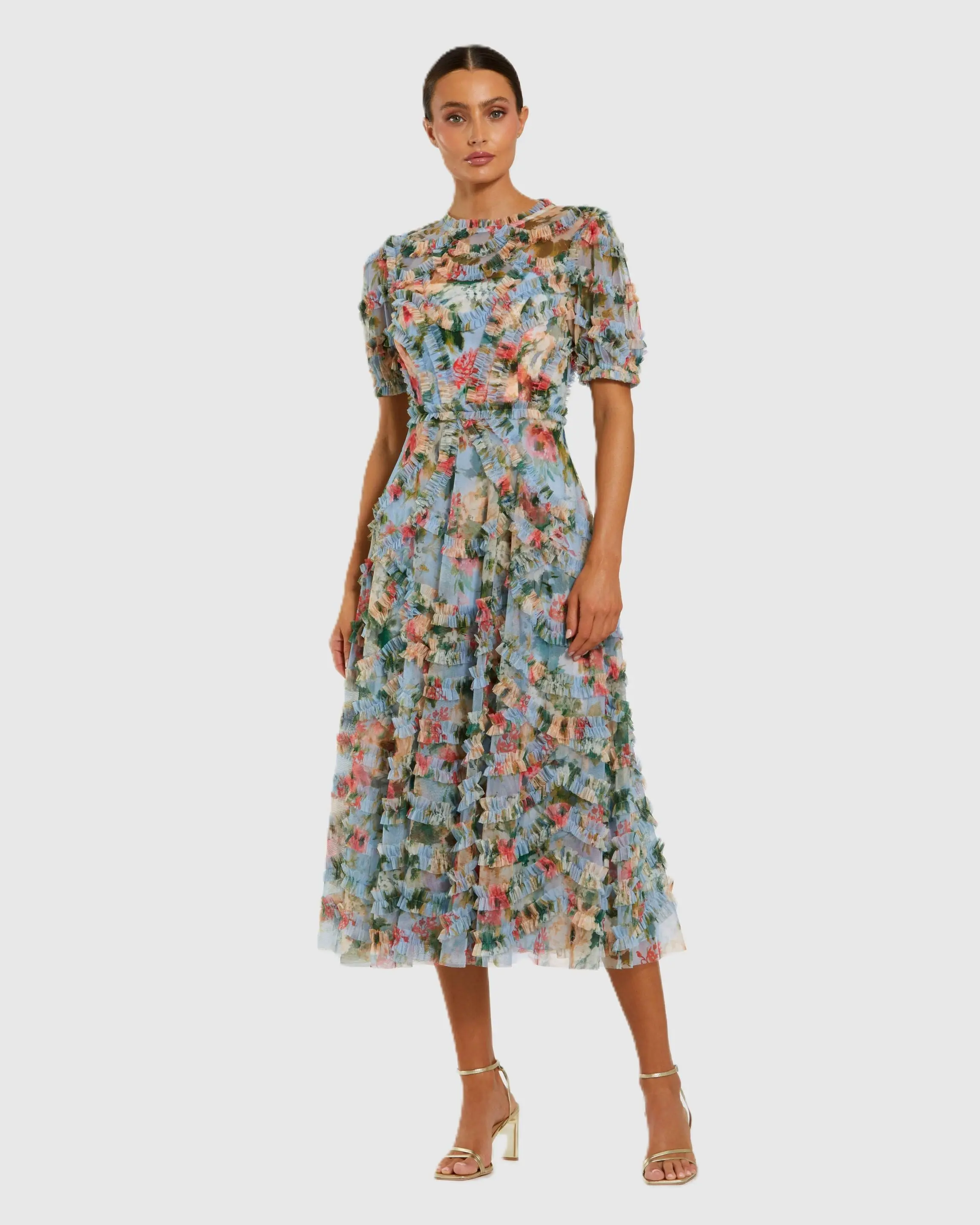Blue Floral Mesh Ruffle High Neck Midi Dress - Special Events Unlimited