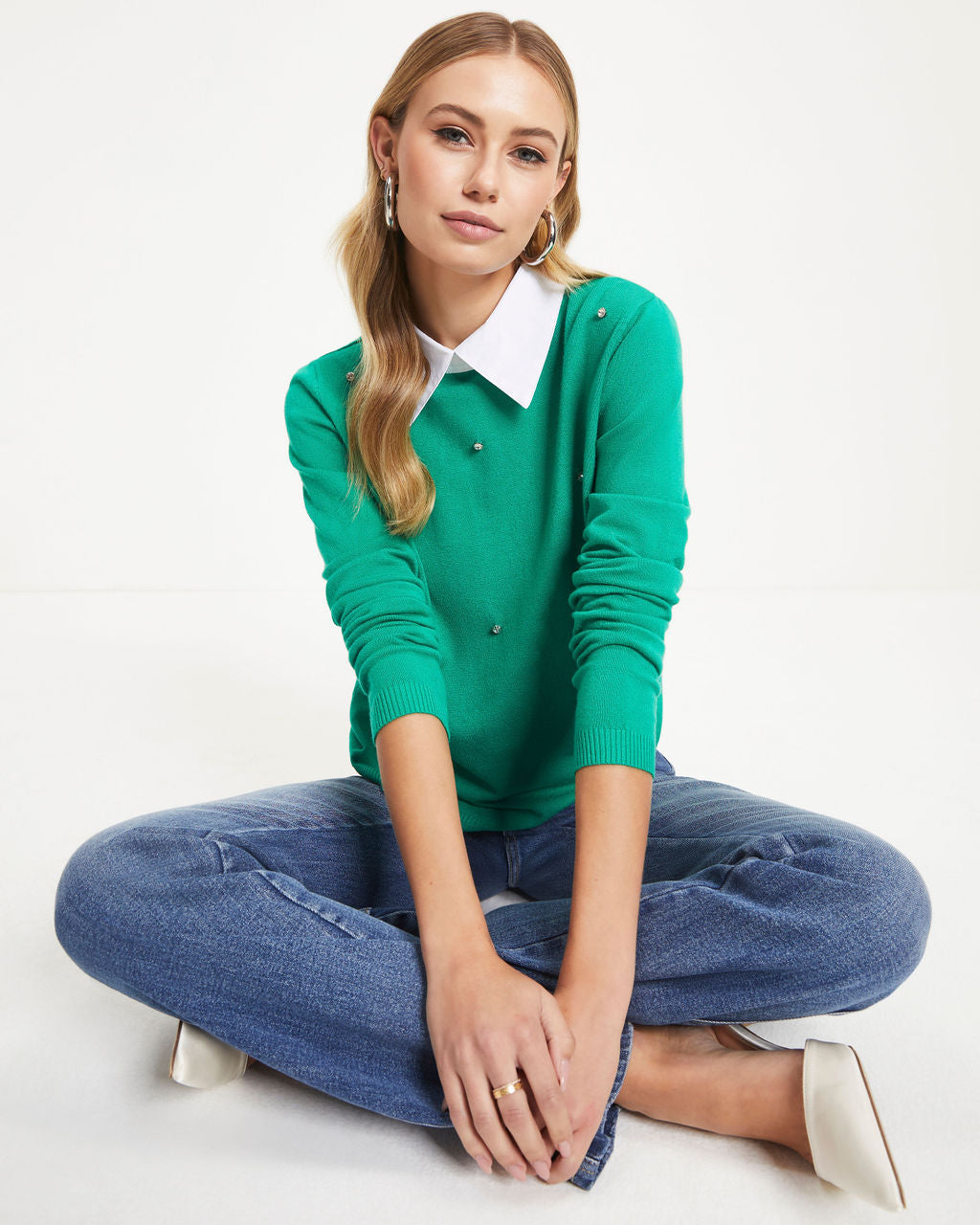 Christabel Embellished Collared Knit Pullover Sweater - Green - Se7enfashion