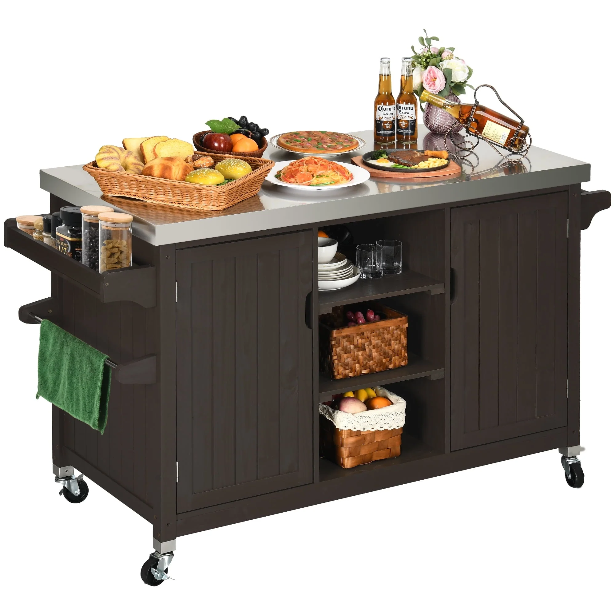 Dextrus XL Solid Wood Outdoor Storage Cabinet - Versatile Movable Outdoor Grill Cart with Stainless Steel Top, Spice Rack, and Side Handle, BBQ Patio Table, Outdoor Small Kitchen Table