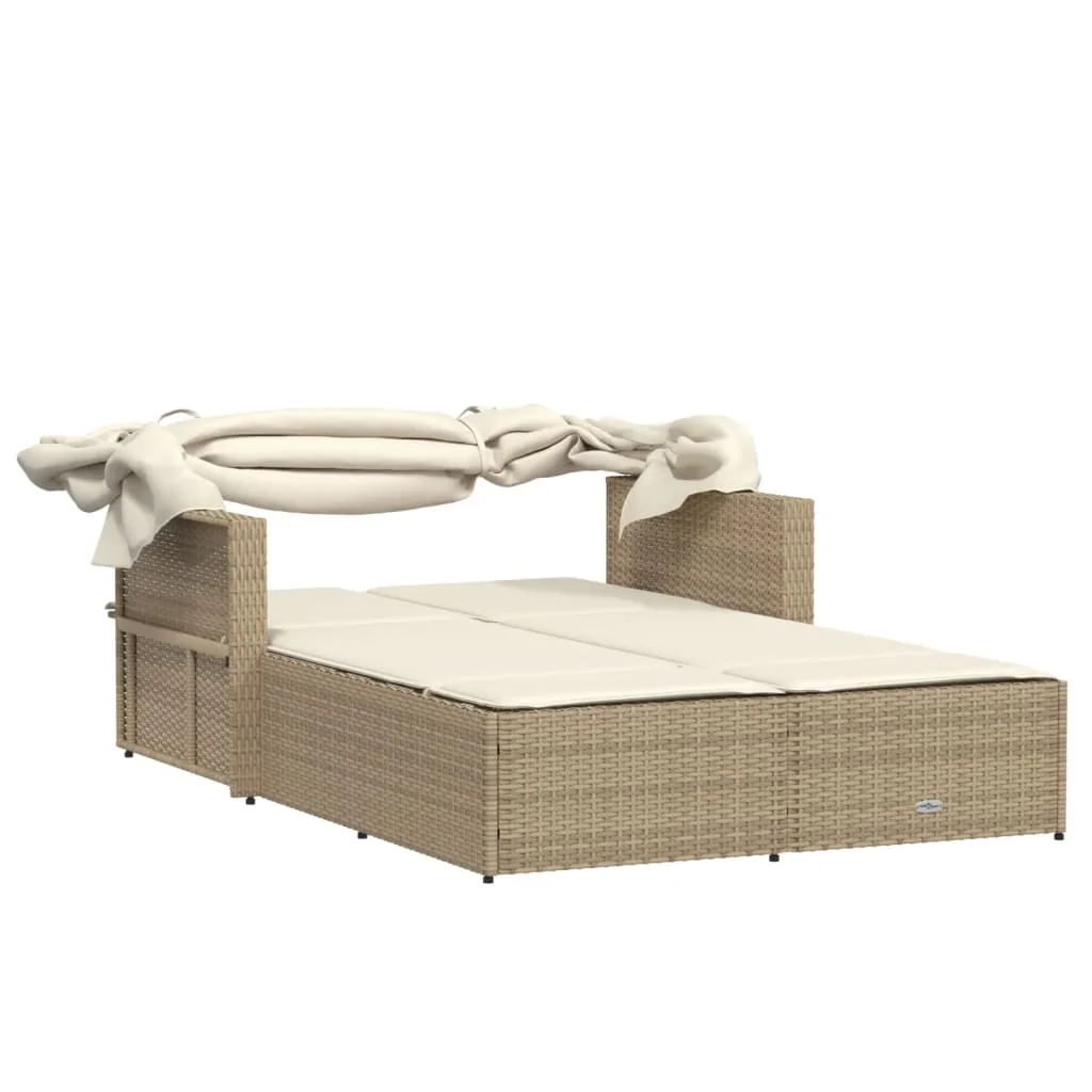 vidaXL Powder Coated Steel Removable Canopy and Cushions Double Sun Lounger, Beige - Image 37