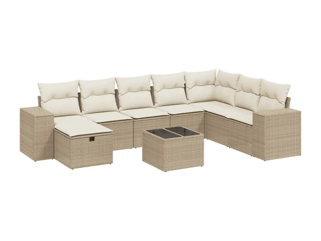 Set de sofás de jardín 9 piezas con cojines ratán sintético beige