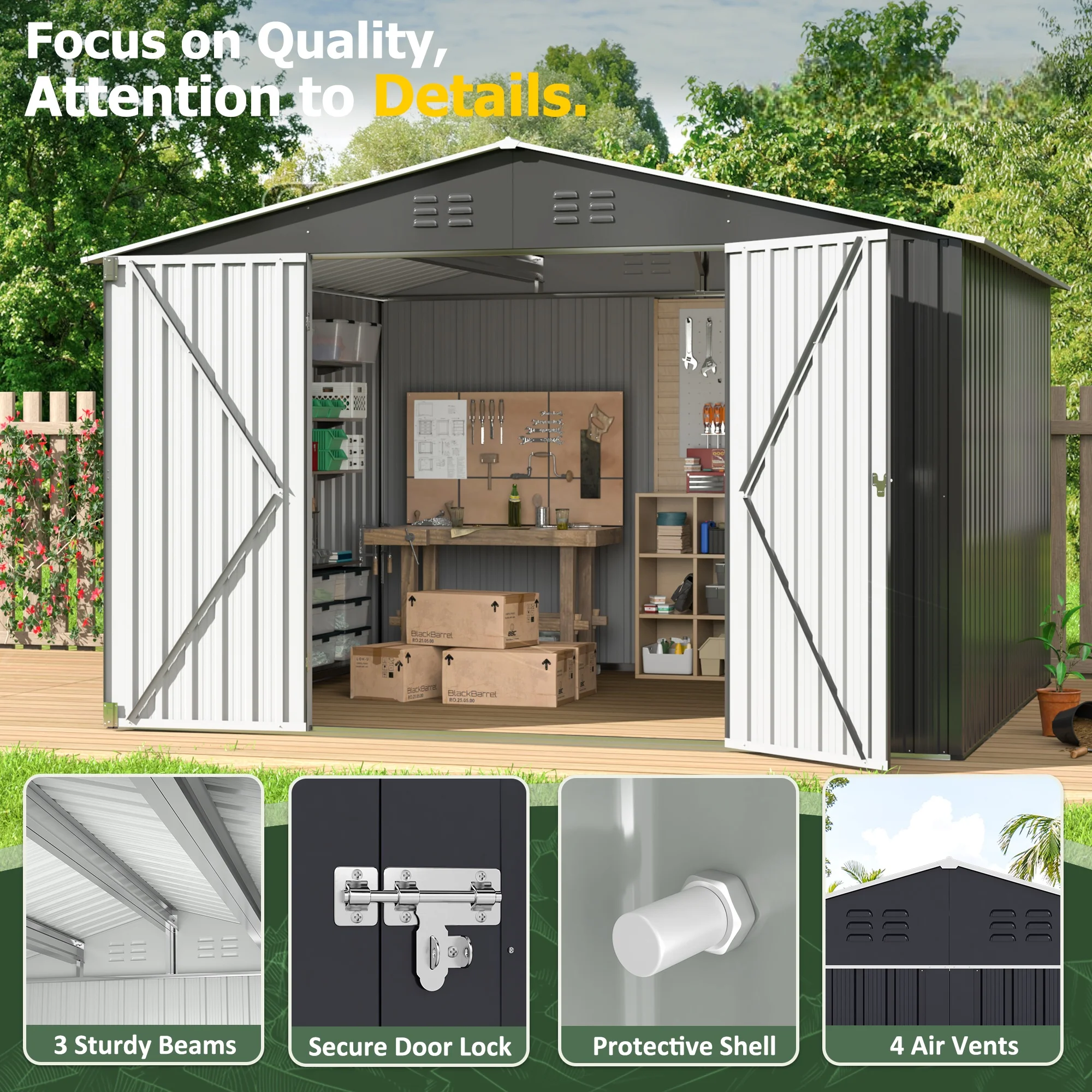 NETAJE 8x12 FT Outdoor Metal Shed with Updated Aluminum Frame, Storage Shed with Lockable Doors & Sliding Roof for Backyard, Garden, Gray - Image 16