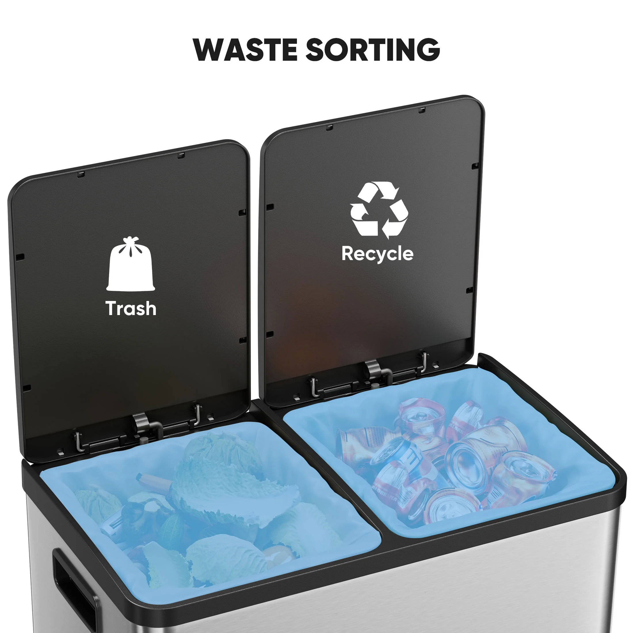 EDX 2 x 8.3 Gallon Dual Garbage Recycle Trash Can with Lid, Inner Buckets for Kitchen, Stainless Steel, Sliver - Image 7