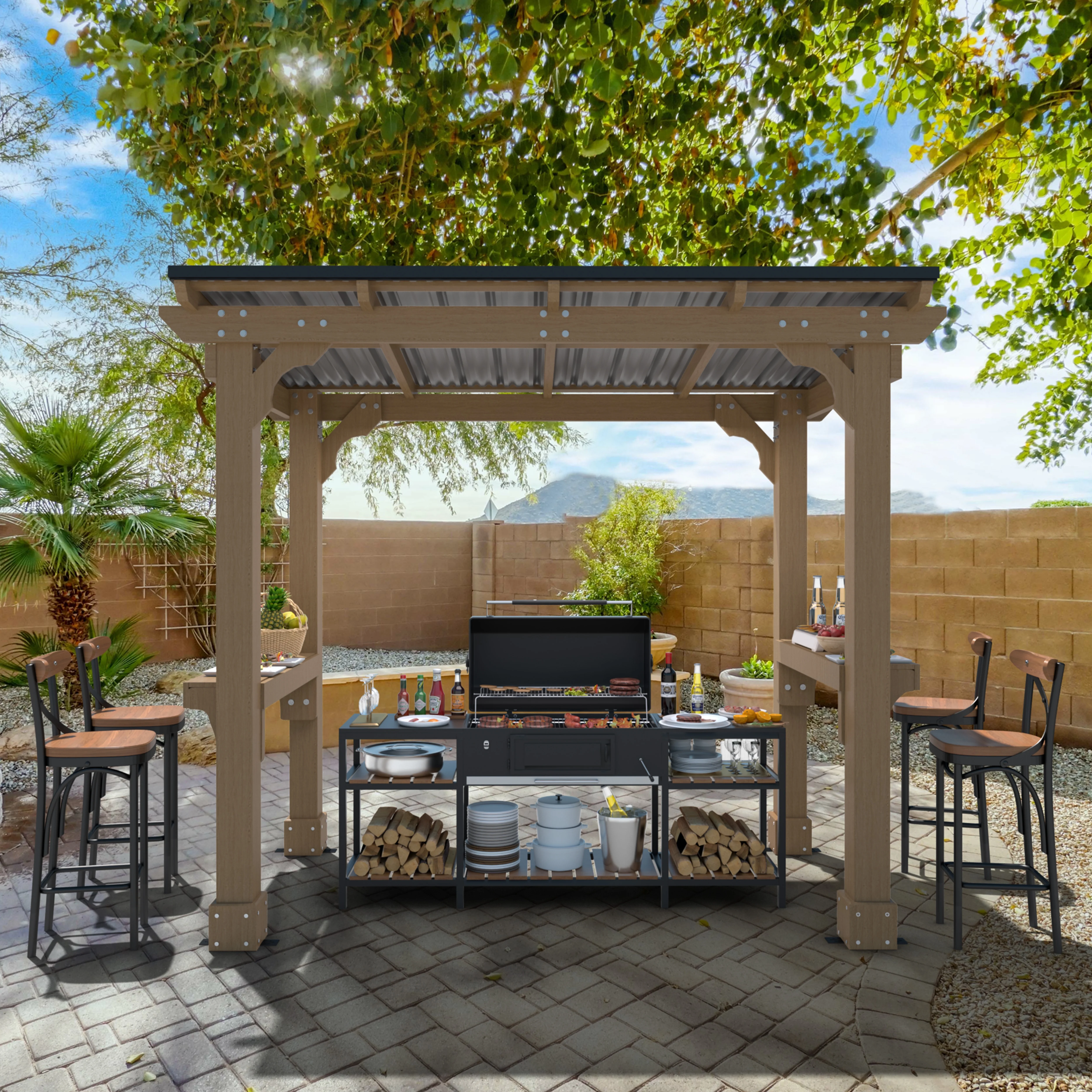VEIKOUS 8' x 5' Outdoor Hardtop Gazebo, BBQ Grill Gazebo w/ Workstation Shelves for Lawn, Garden, Deck - Image 2