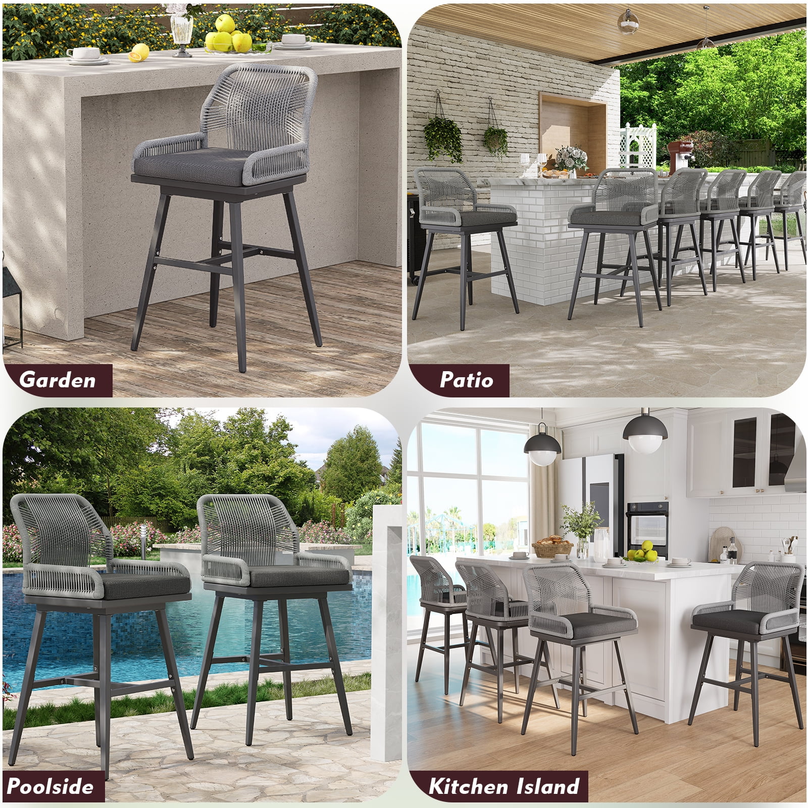 MEISSALIVVE Set of 2 Rattan Swivel Bar Stools, 26" Counter Height with Woven Rope Back, Cushioned Patio Bar Chairs for Kitchen, Garden, Beige - Image 13