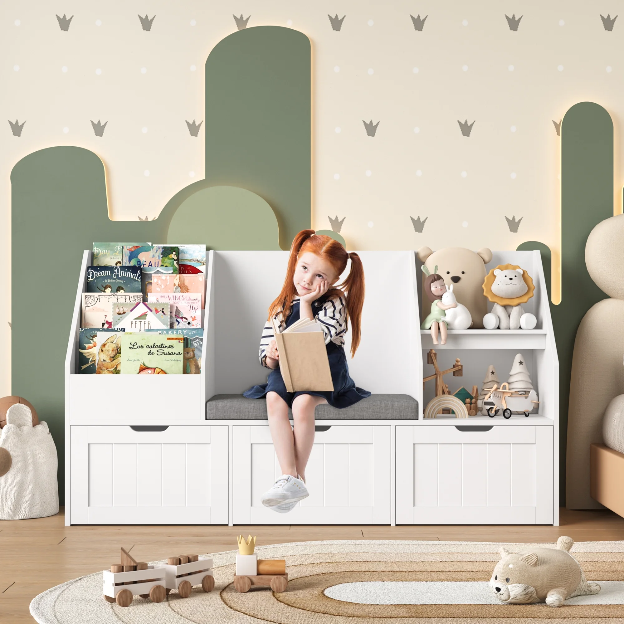 Homfa Kids Bookshelf with Reading Nook & 3 Movable Drawers, 2 Cube Bookcase with 4-Tier Book Racks, Toy Storage Organizer for Playroom Bedroom, White - Image 7